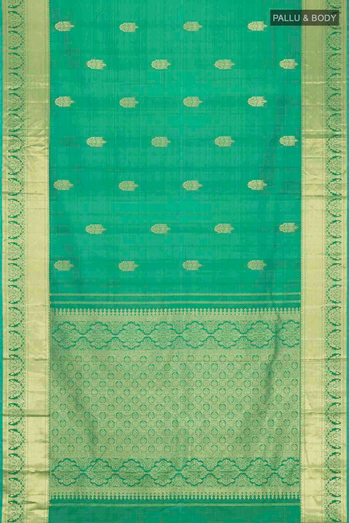 Flat view of Green Kanchipuram Silk Saree with Zari Butta on the body and Zari Border