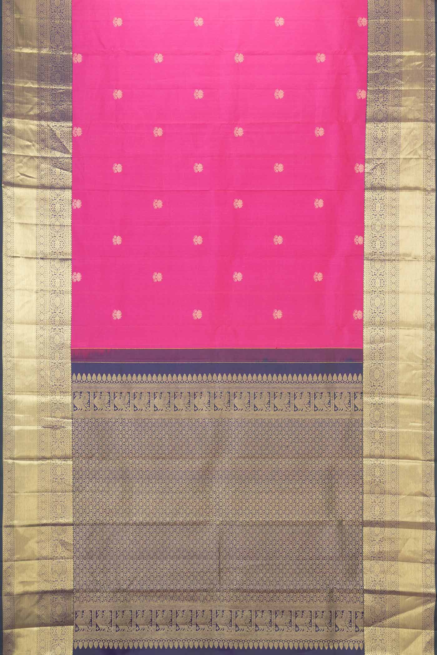 Flat view of Pink Dual Tone Kanchipuram Silk Saree with Zari Butta on the body and Zari Border