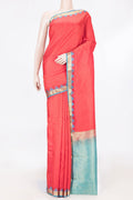 Red Dual Tone Kanchipuram Saree with Jacquard With Zari Butta on the body and Zari And Thread Border displayed on a mannequin