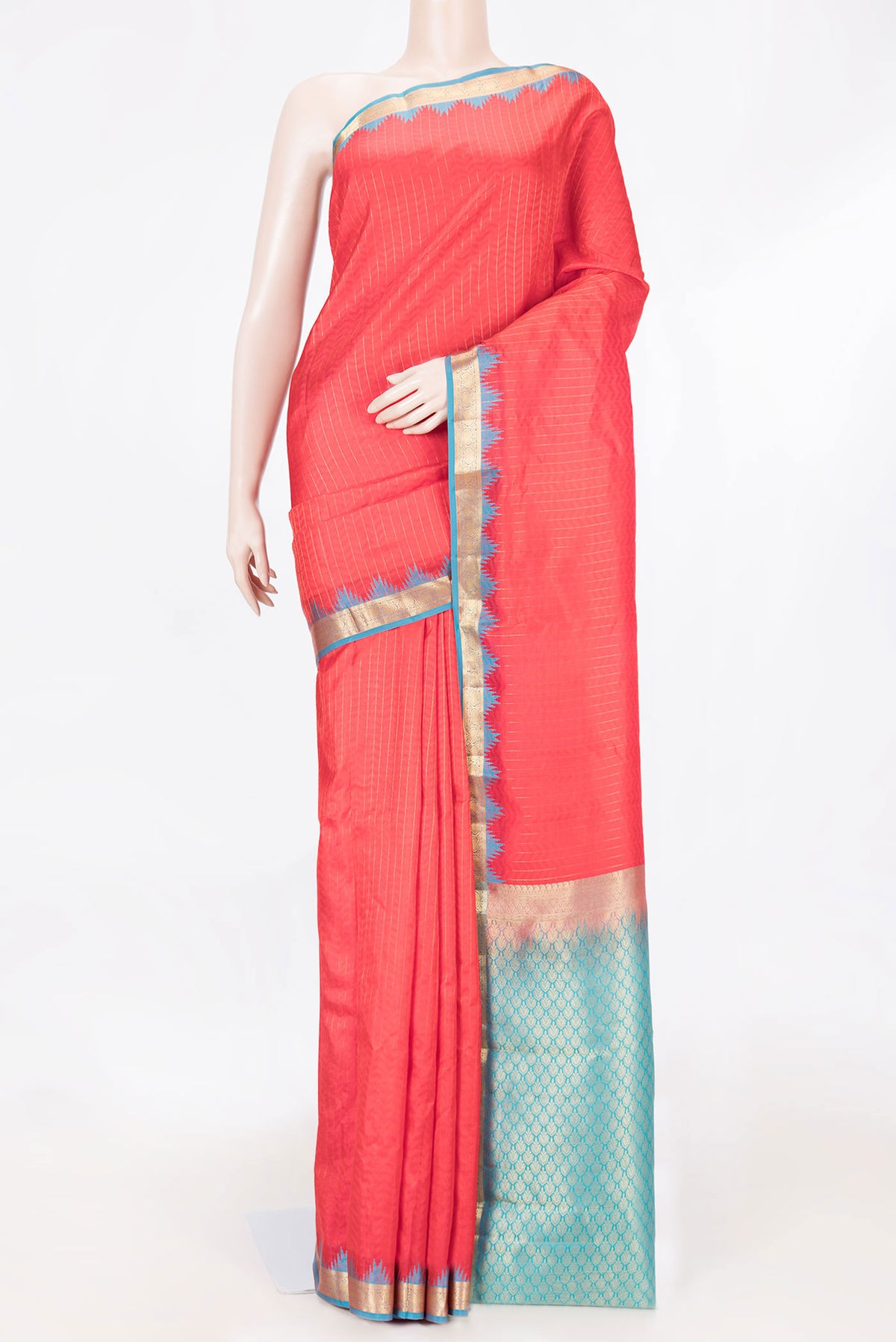 Red Dual Tone Kanchipuram Saree with Jacquard With Zari Butta on the body and Zari And Thread Border displayed on a mannequin