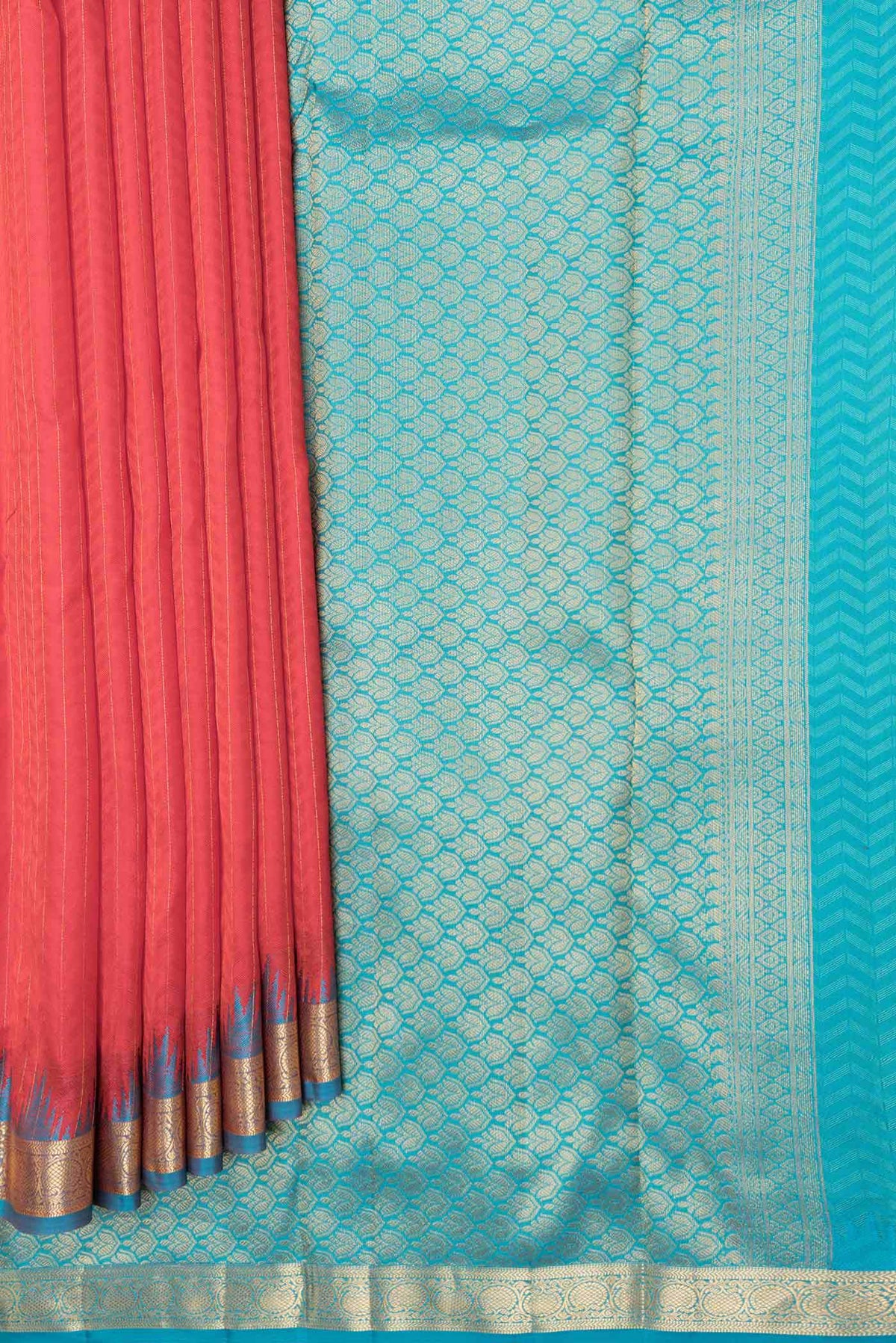 Pleats and pallu of Red Dual Tone Kanchipuram Saree with Jacquard With Zari Butta on the body and Zari And Thread Border
