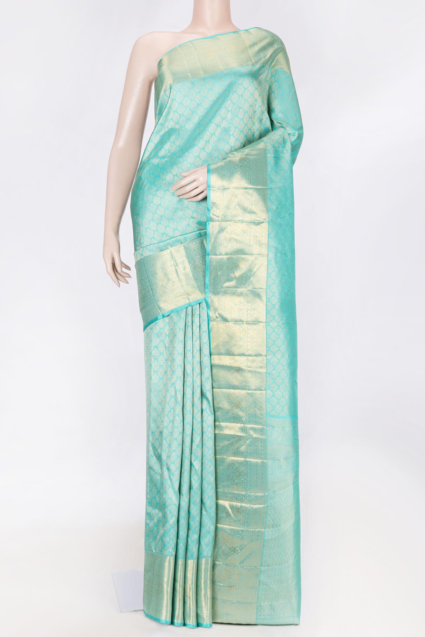 Sky Blue Dual Tone Kanchipuram Saree with Zari Brocade on the body and Zari Border displayed on a mannequin