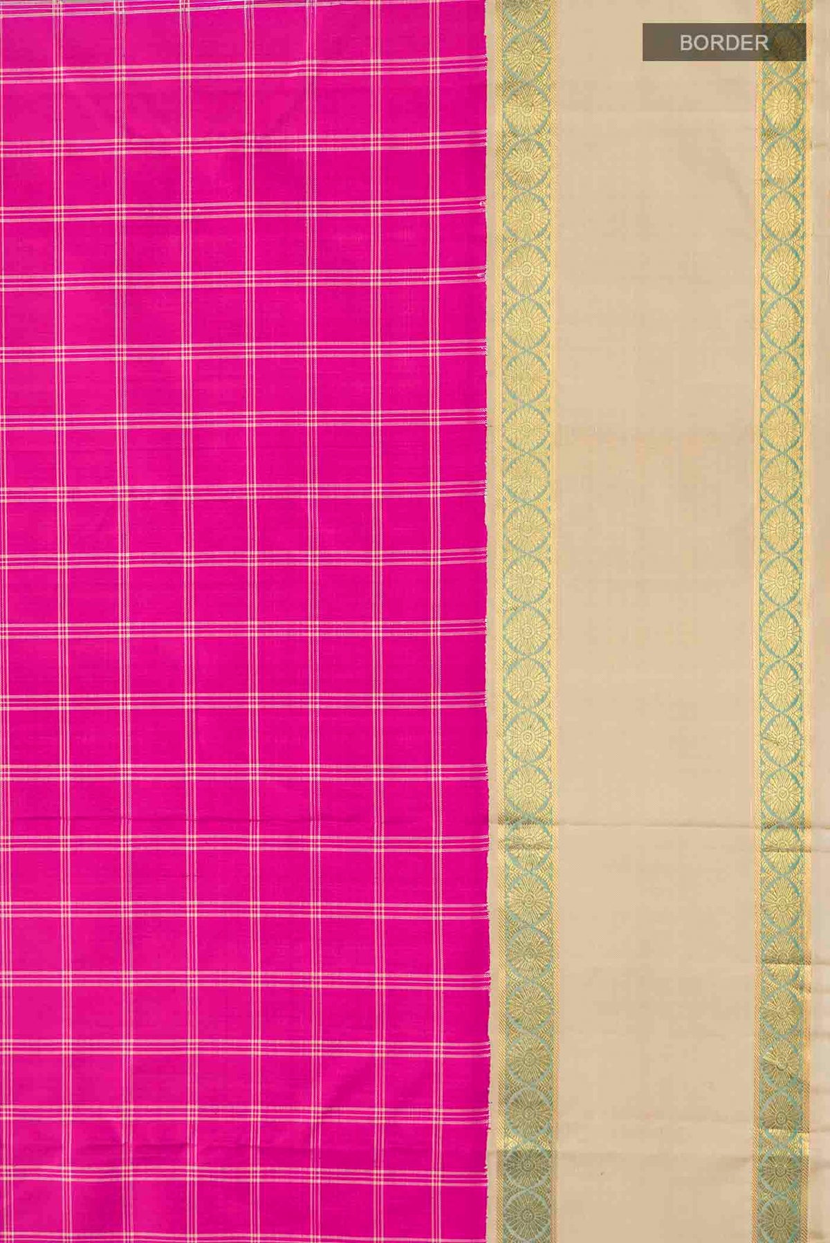 Border image of Pink Kanchipuram Silk Saree with Checked design on the body and Plain Border