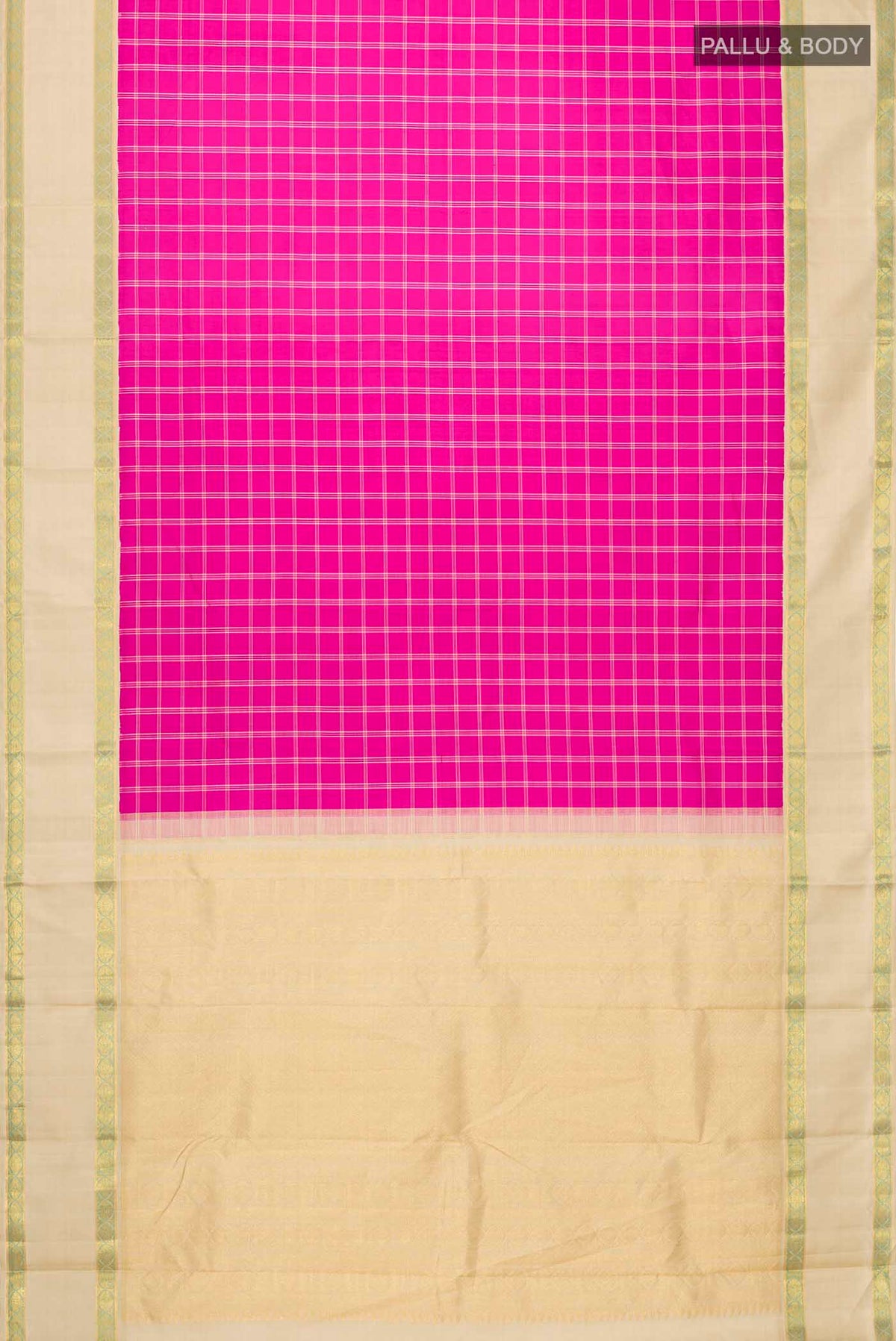 Flat view of Pink Kanchipuram Silk Saree with Checked design on the body and Plain Border