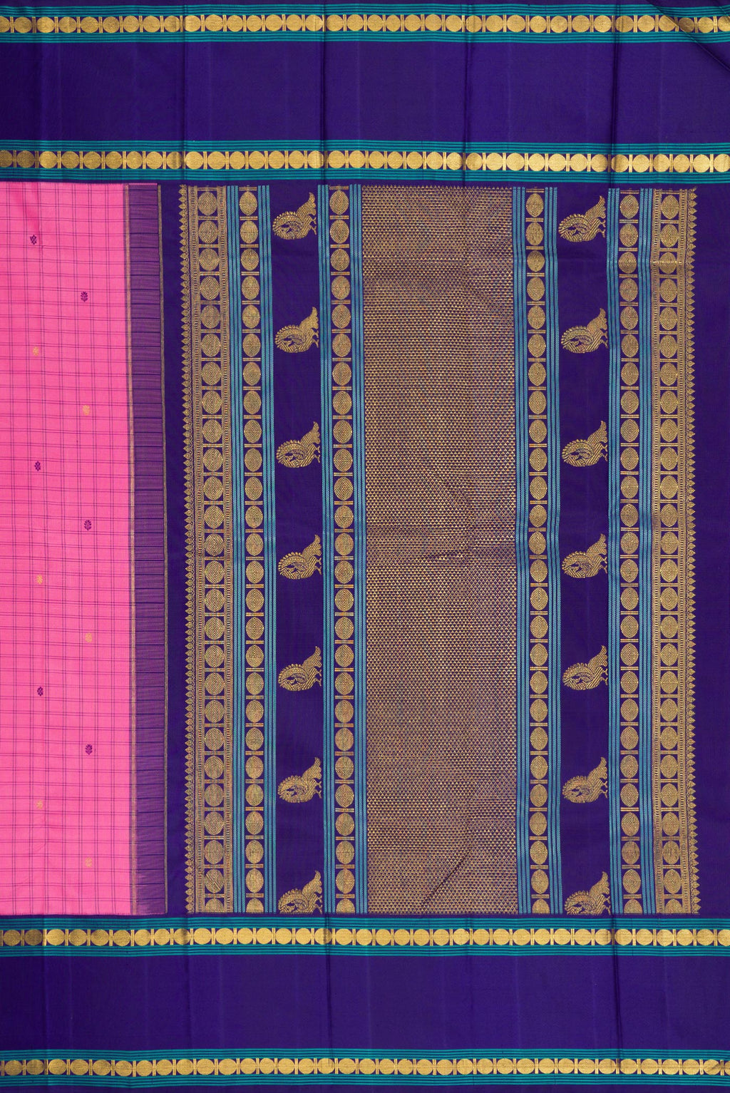 Close up image of the pallu of Pure Silk Pure Zari Pink Dual Tone Kanjivaram Saree with Checked design on the body and Zari Border. 