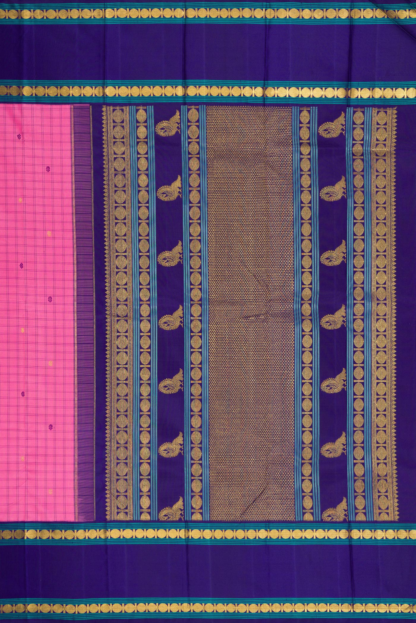 Close up image of the pallu of Pure Silk Pure Zari Pink Dual Tone Kanjivaram Saree with Checked design on the body and Zari Border. 