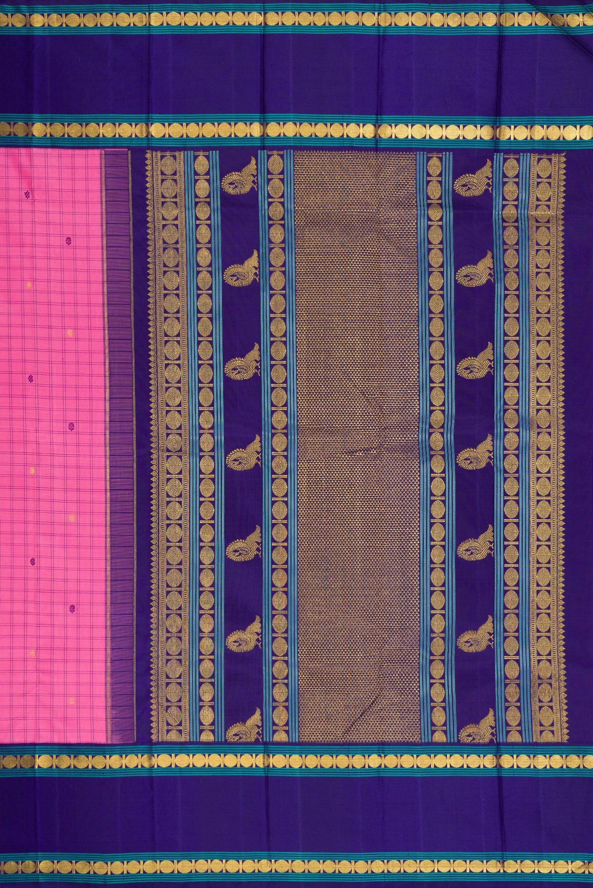 Close up image of the pallu of Pure Silk Pure Zari Pink Dual Tone Kanjivaram Saree with Checked design on the body and Zari Border. 