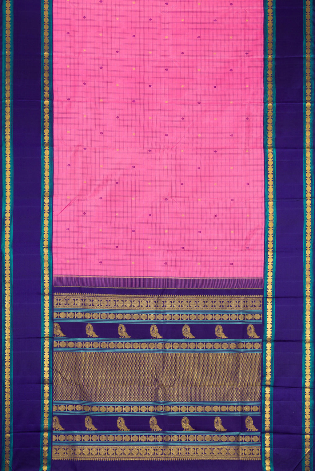 Flat view of Pure Silk Pure Zari Pink Dual Tone Kanjivaram Saree with Checked design on the body and Zari Border. 
