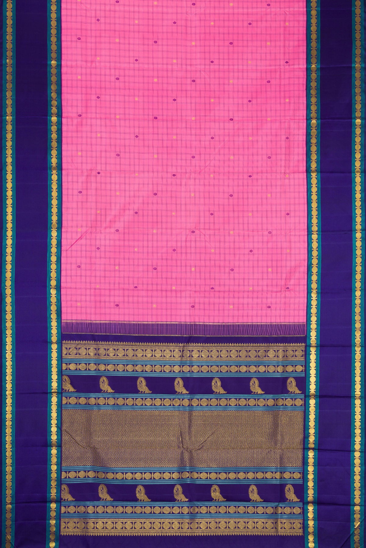 Flat view of Pure Silk Pure Zari Pink Dual Tone Kanjivaram Saree with Checked design on the body and Zari Border. 