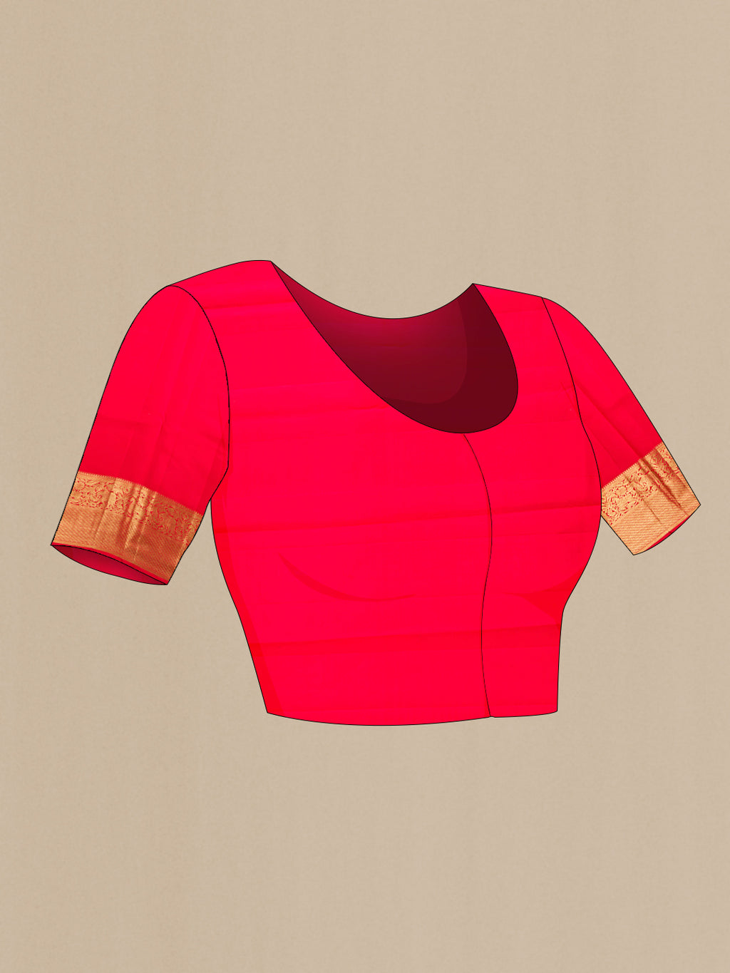 Close up image of the blouse of Red Dual Tone Kanchipuram Silk Saree with Zari Brocade on the body and Zari Border. 