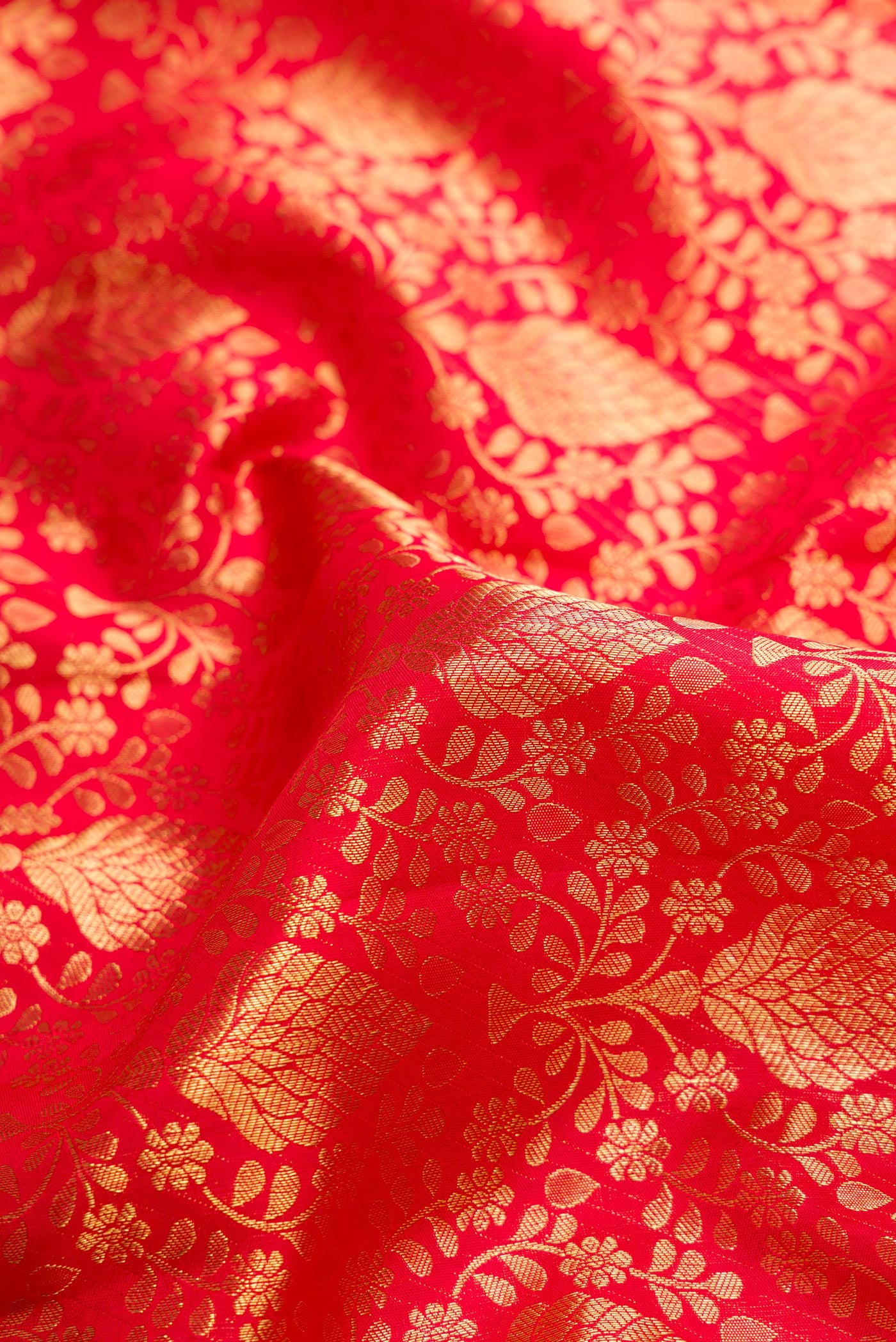 Close up of Red Dual Tone Kanchipuram Silk Saree with Zari Brocade on the body and Zari Border.  displaying folds