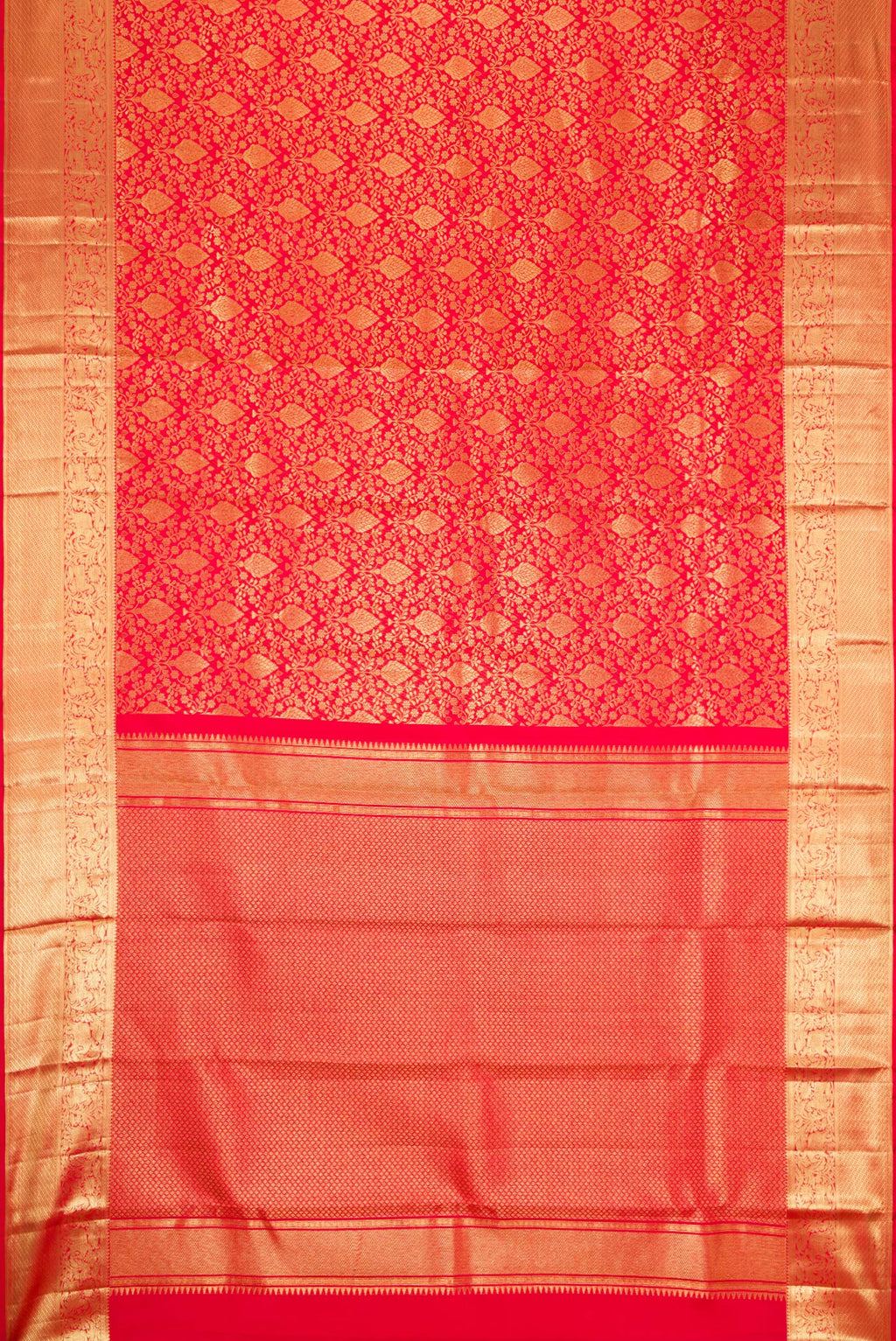 Flat view of Red Dual Tone Kanchipuram Silk Saree with Zari Brocade on the body and Zari Border. 