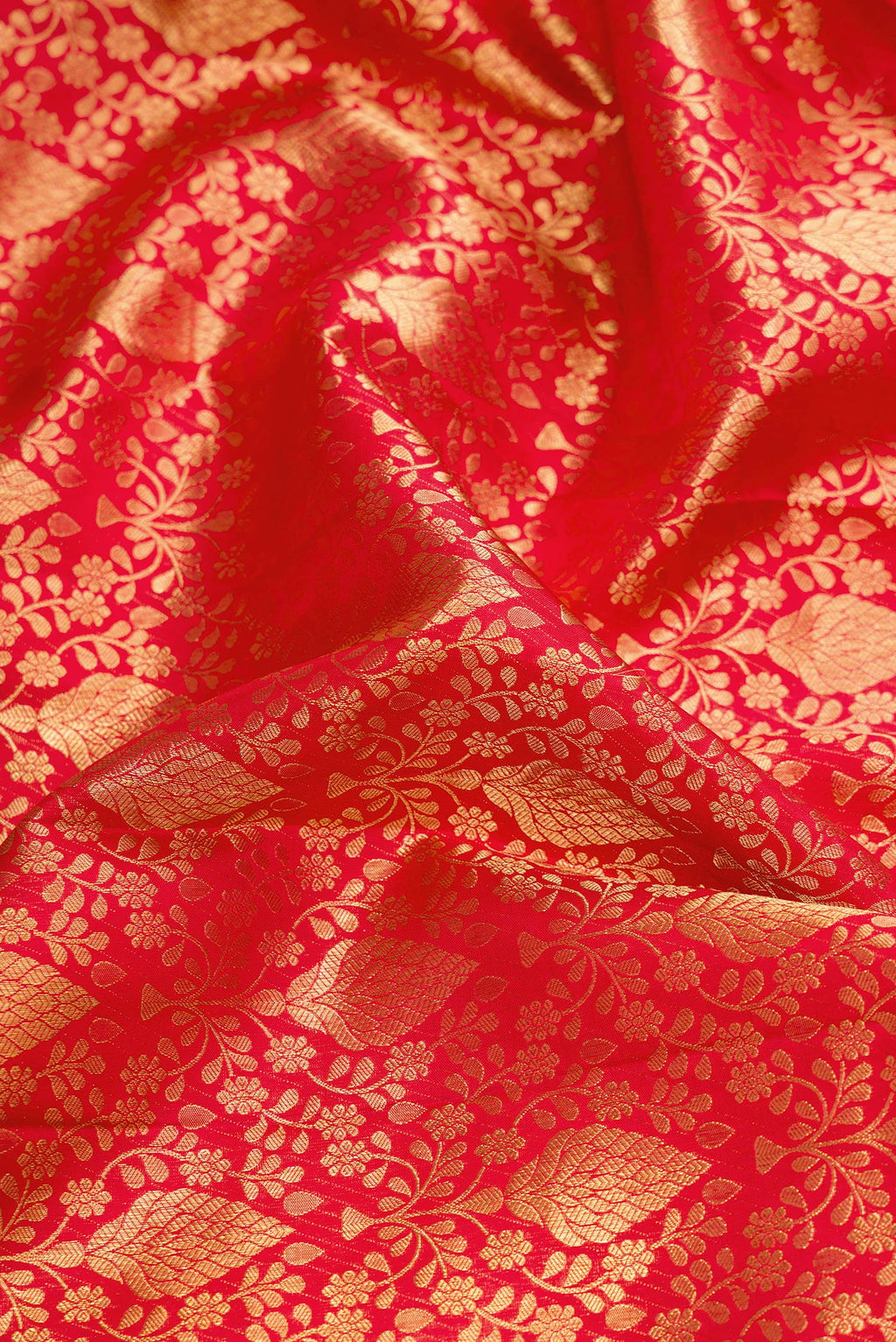 Close up of Red Dual Tone Kanchipuram Silk Saree with Zari Brocade on the body and Zari Border.  displaying folds