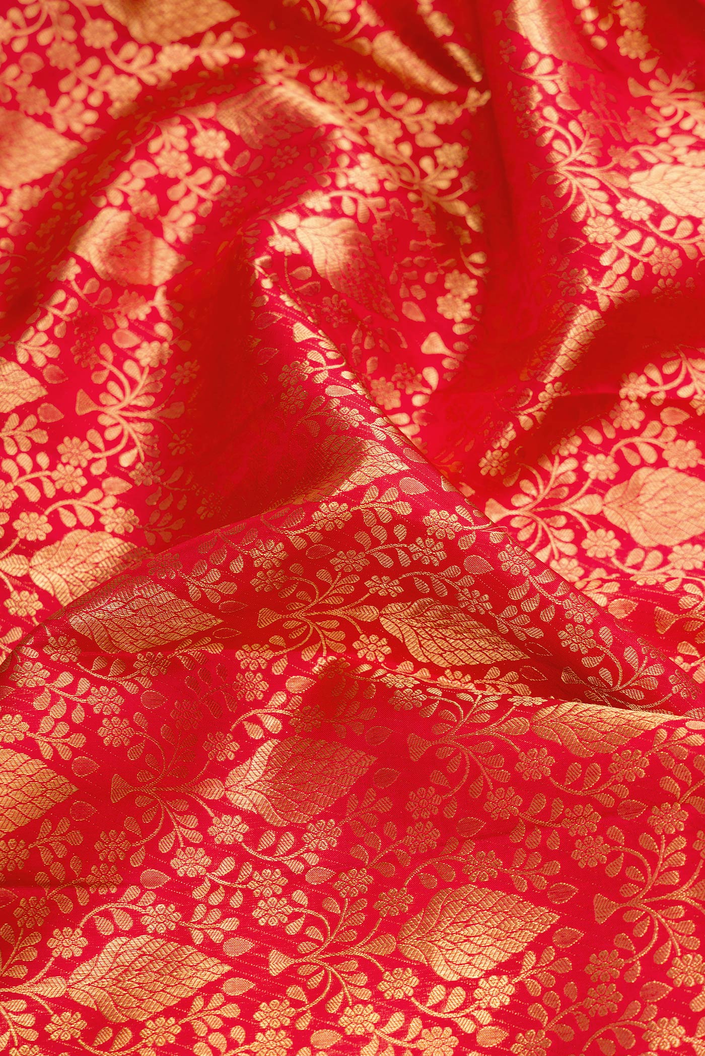 Close up of Red Dual Tone Kanchipuram Silk Saree with Zari Brocade on the body and Zari Border.  displaying folds