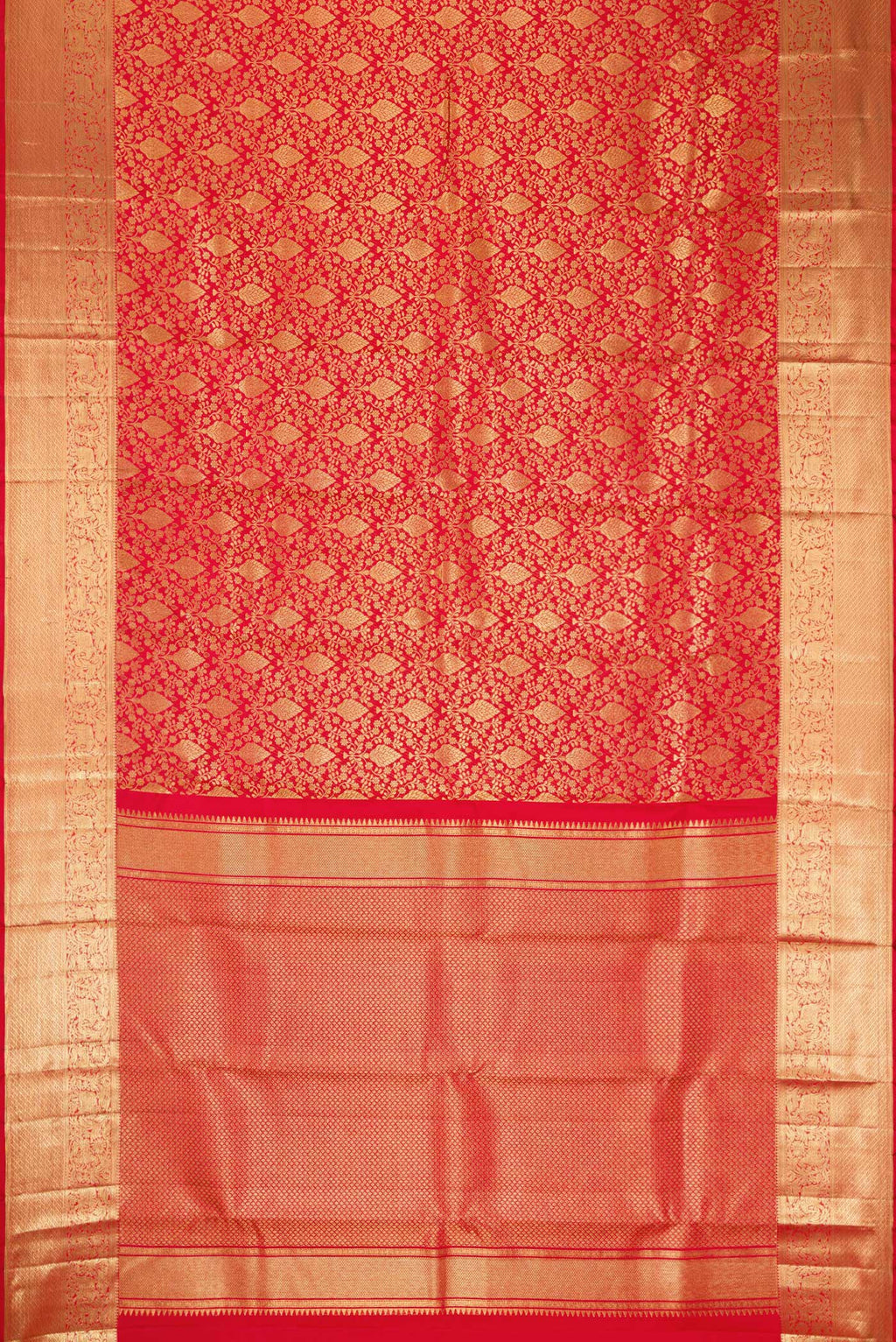 Flat view of Red Dual Tone Kanchipuram Silk Saree with Zari Brocade on the body and Zari Border. 