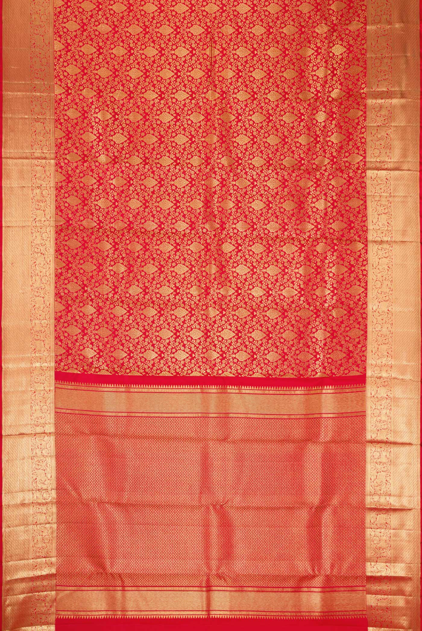 Flat view of Red Dual Tone Kanchipuram Silk Saree with Zari Brocade on the body and Zari Border. 