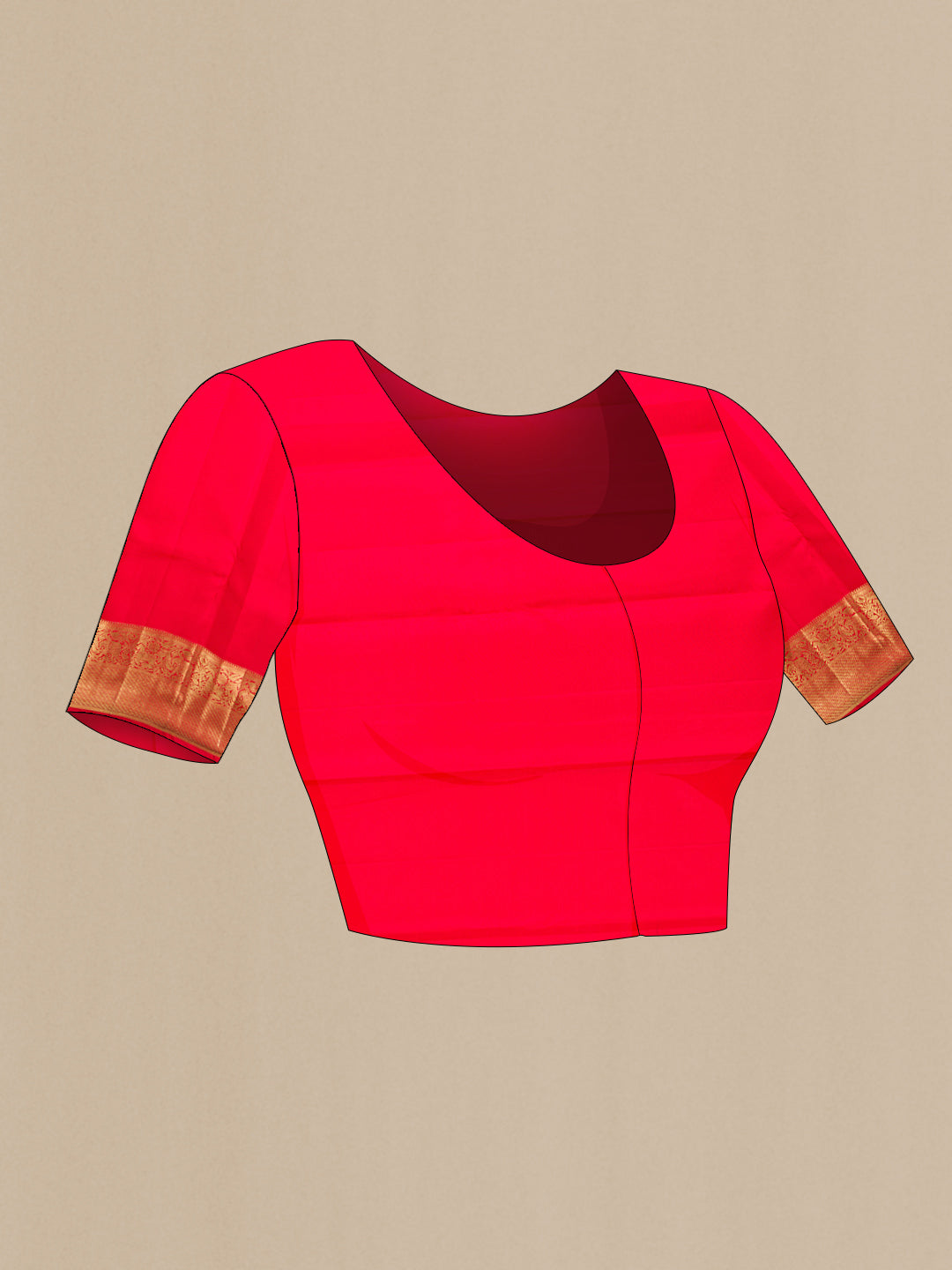Close up image of the blouse of Red Dual Tone Kanchipuram Silk Saree with Zari Brocade on the body and Zari Border. 