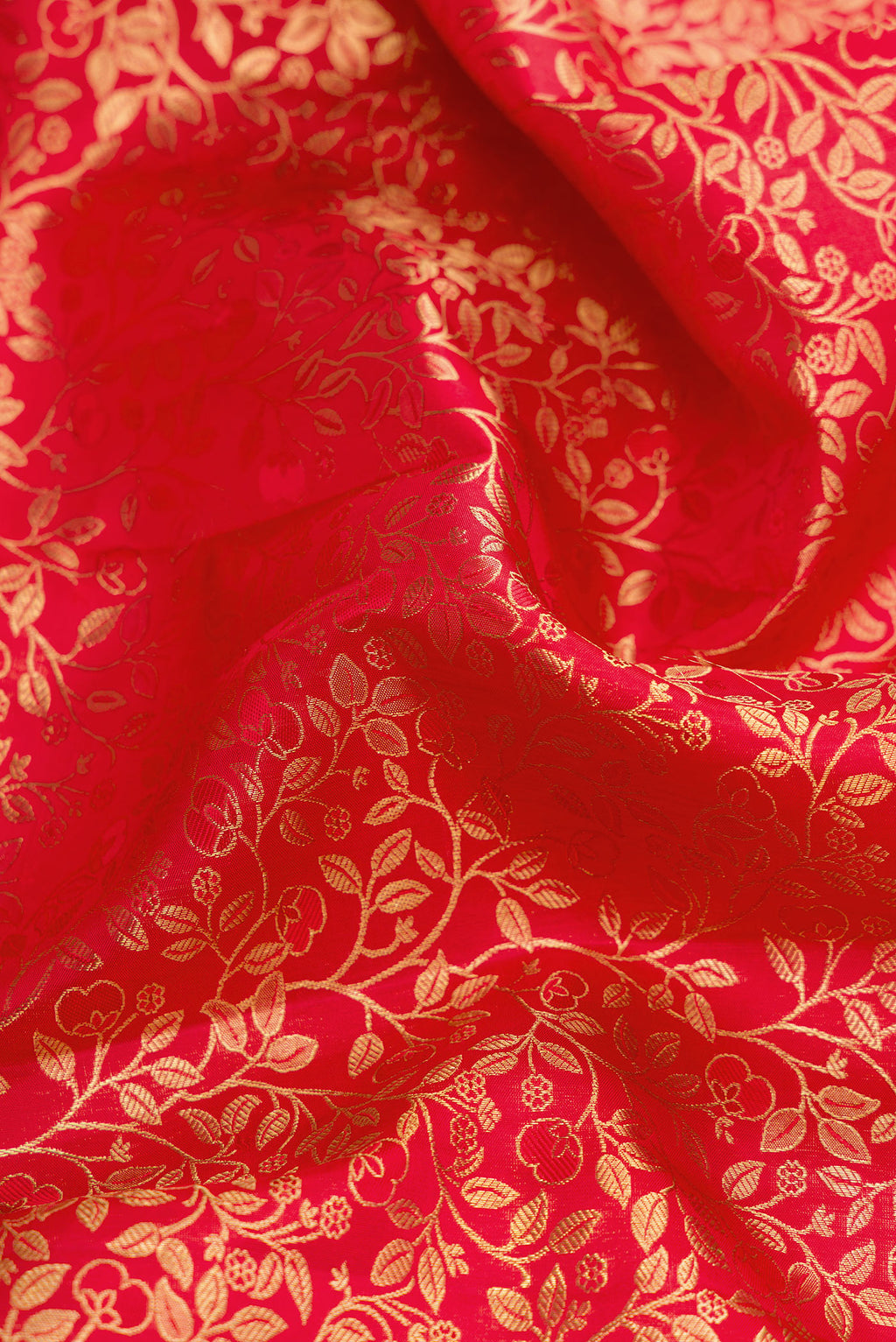 Close up of Red Dual Tone Kanchipuram Silk Saree with Zari Brocade on the body and Zari Border.  displaying folds