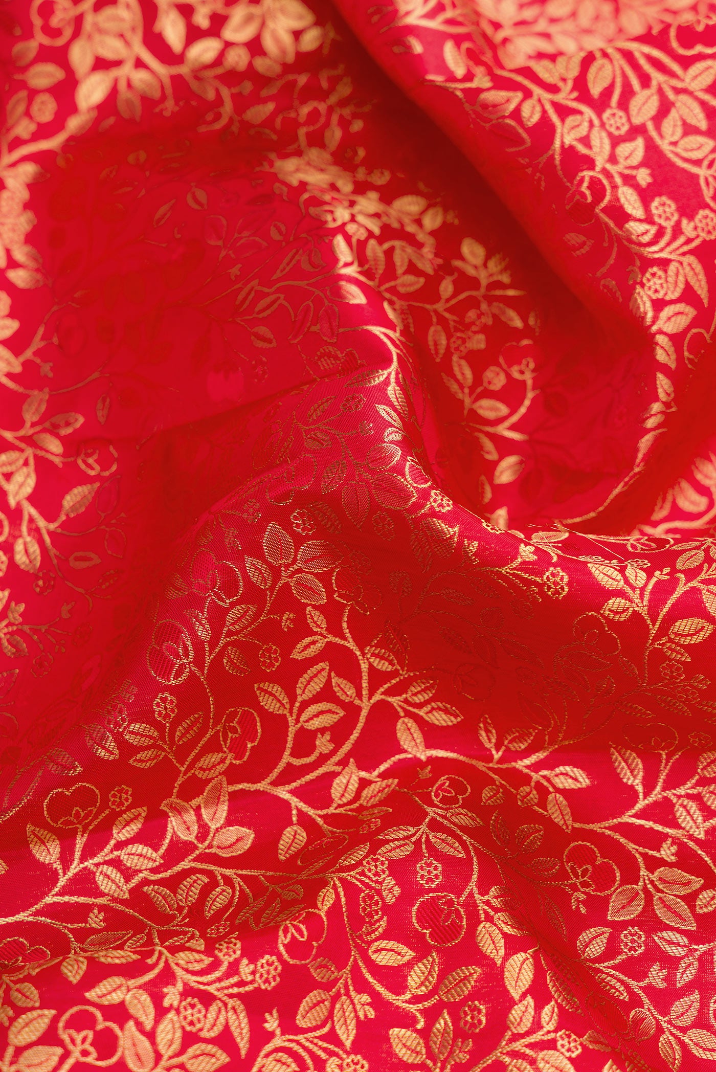 Close up of Red Dual Tone Kanchipuram Silk Saree with Zari Brocade on the body and Zari Border.  displaying folds
