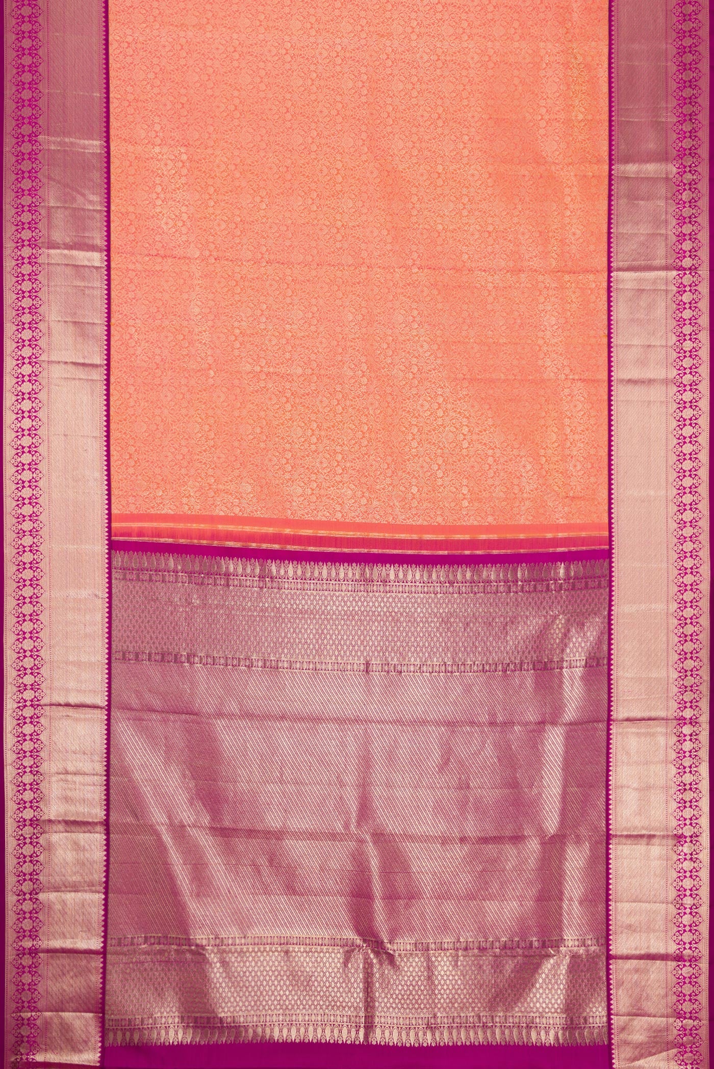 Flat view of Brick Orange Dual Tone Kanchipuram Silk Saree with Zari Brocade on the body and Fancy Border. 