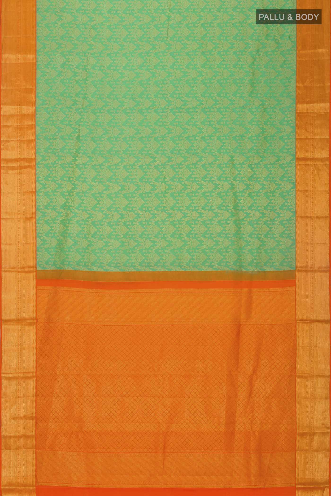 Flat view of Green Kanchipuram Silk Saree with Zari Brocade on the body and Zari Border