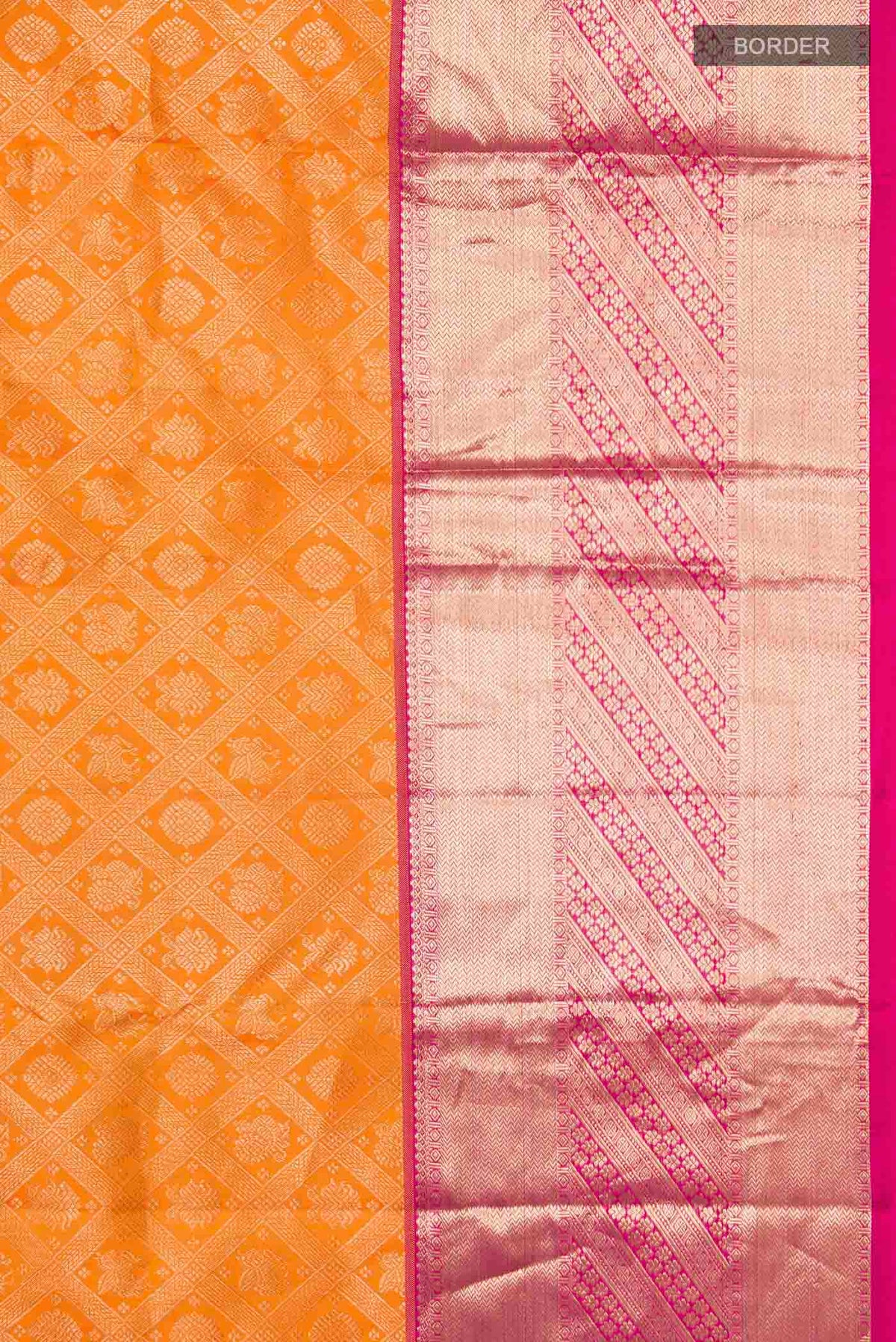 Border image of Orange Kanchipuram Silk Saree with Zari Brocade on the body and Zari Border