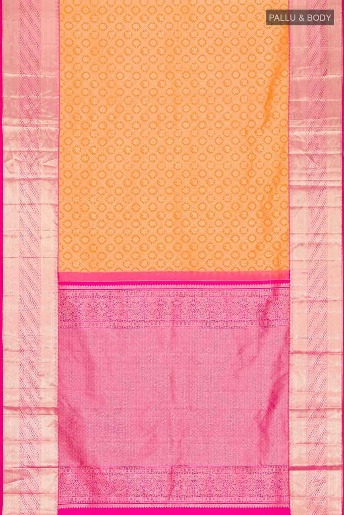 Flat view of Orange Kanchipuram Silk Saree with Zari Brocade on the body and Zari Border