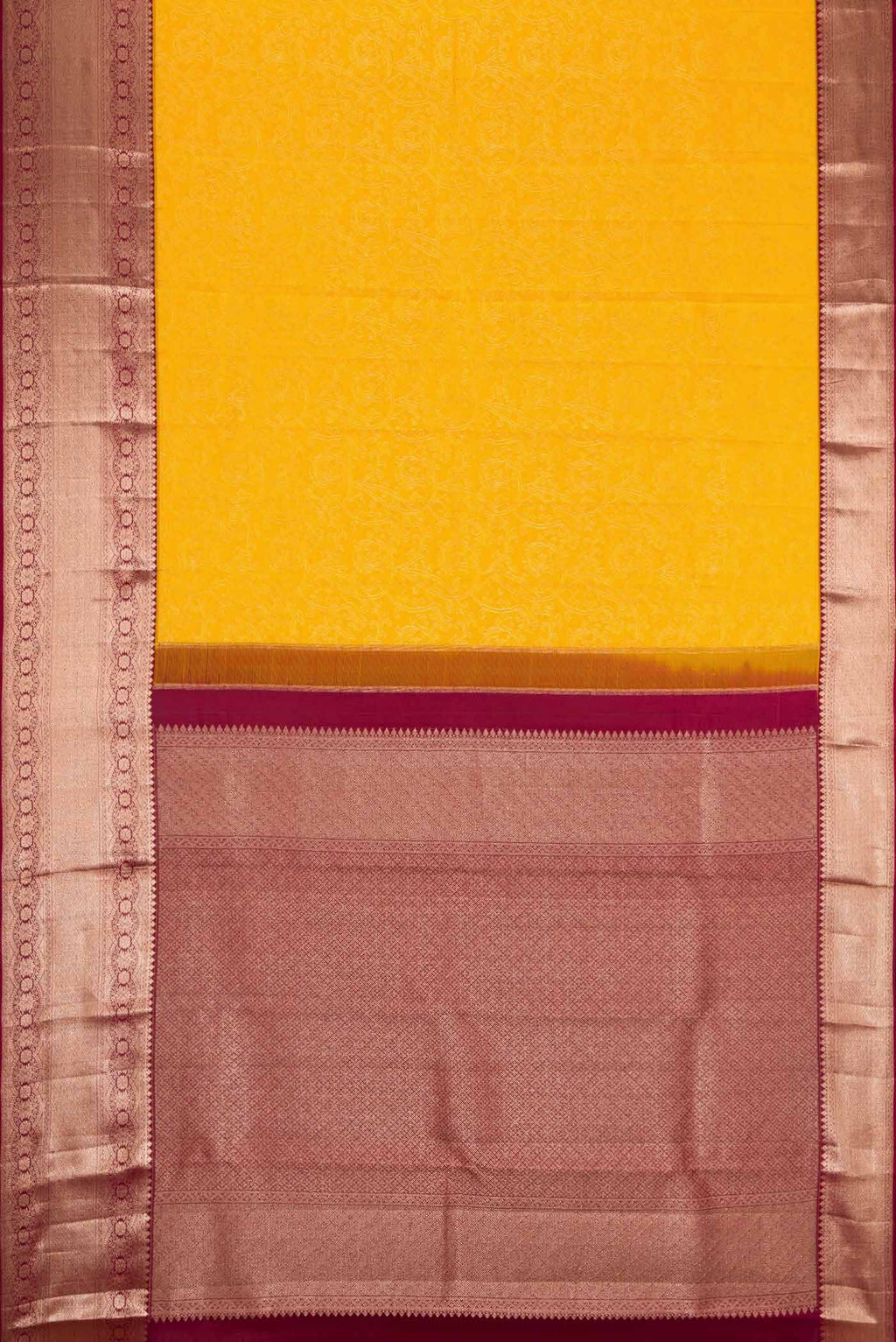 Flat view of Yellow Dual Tone Kanchipuram Silk Saree with Zari Brocade on the body and Zari Border. 