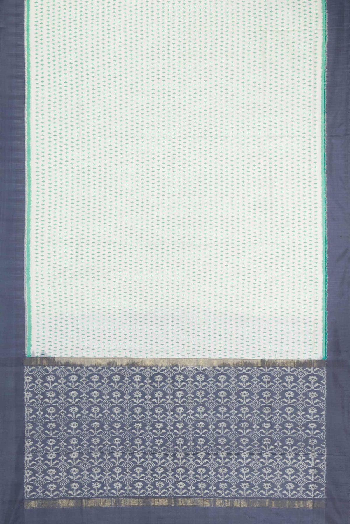 Flat view of Off White Dual Tone Double Ikat Saree with Ikat Print on the body and Zari Border
