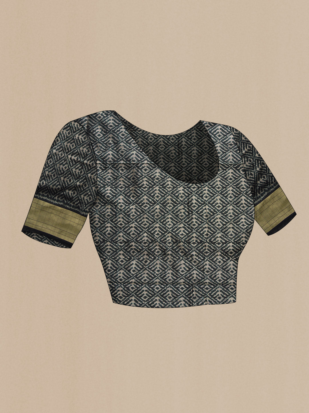 Close up image of the blouse of Sandal and Grey Color Double Ikat Saree with Ikat Print on the body and Zari Border
