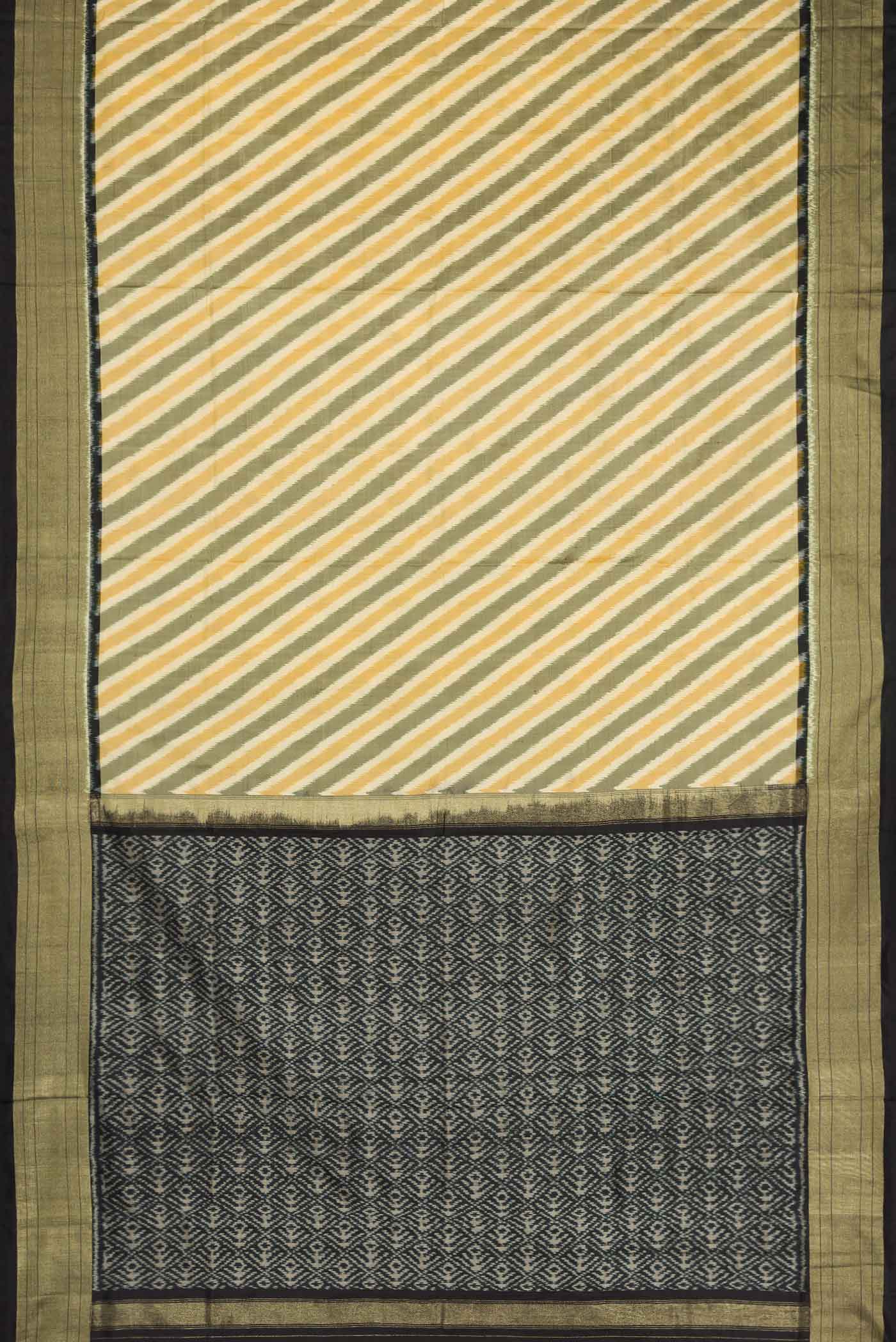 Flat view of Sandal and Grey Color Double Ikat Saree with Ikat Print on the body and Zari Border