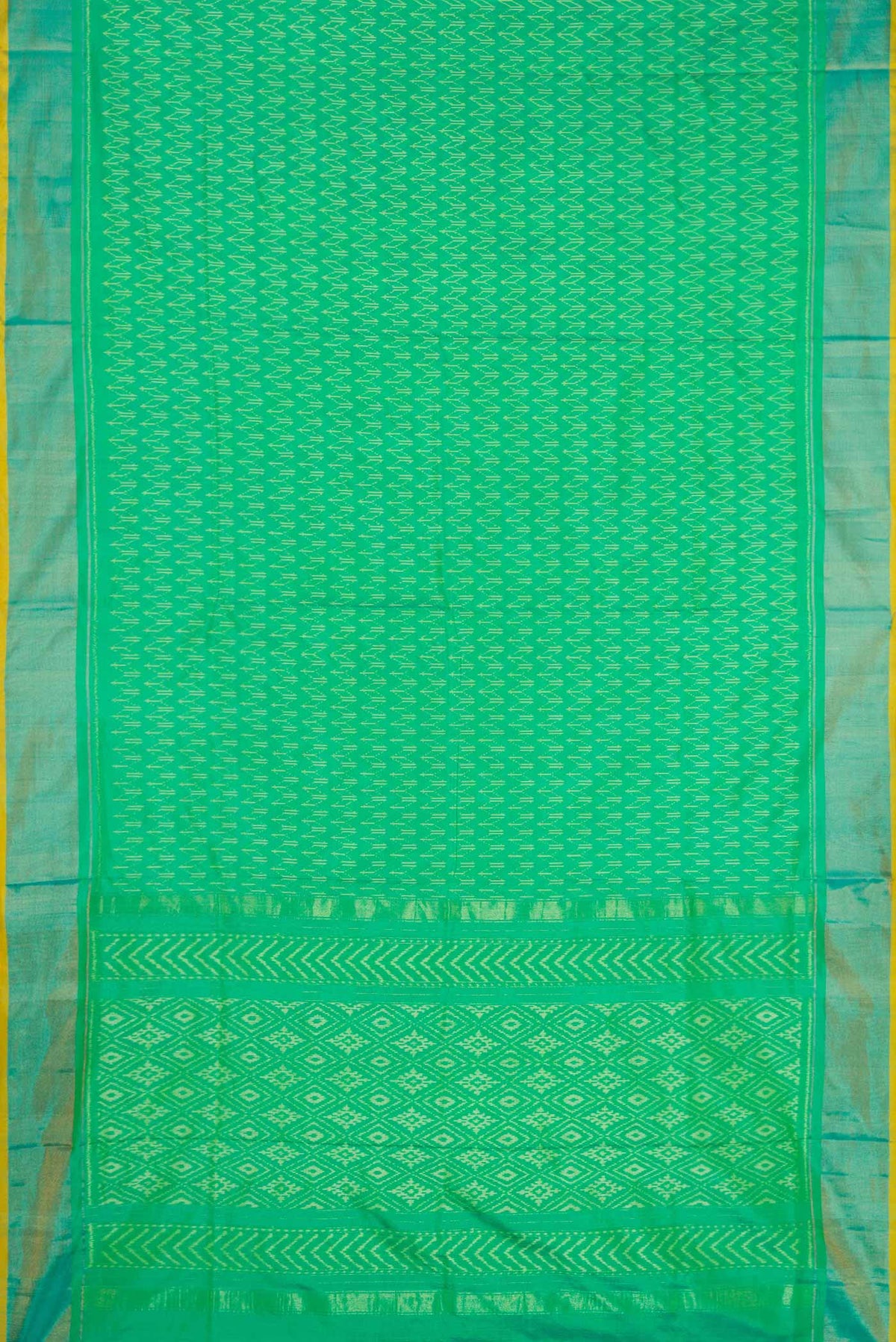 Flat view of Green Dual Tone Double Ikat Saree with Ikat Print on the body and Zari Border