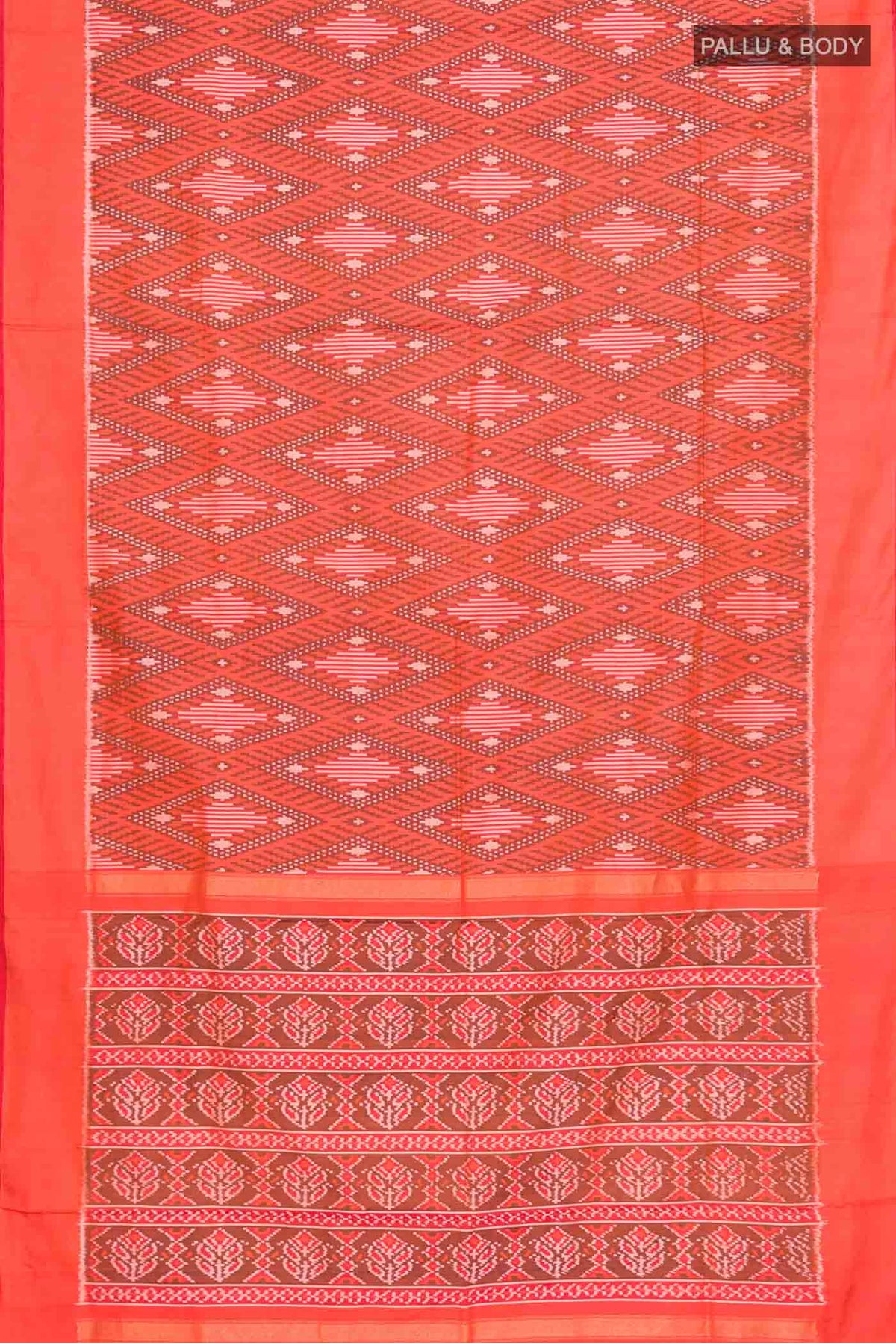 Flat view of Orange Pochampally Silk Saree with Pure Ikat on the body and Plain Border