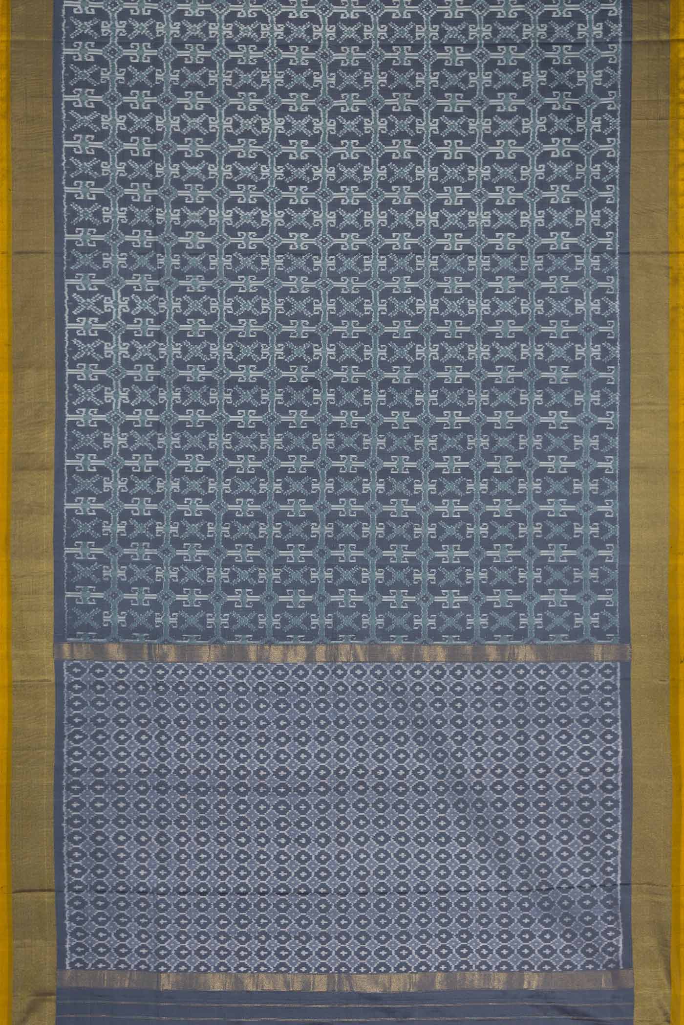 Flat view of Grey Dual Tone Double Ikat Saree with Ikat Print on the body and Zari Border