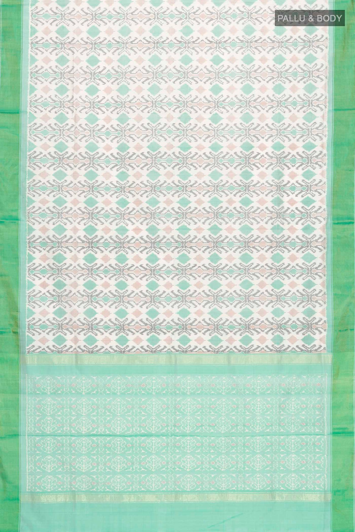 Flat view of White Pochampally Silk Saree with Pure Ikat on the body and Zari Border