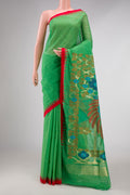 Green Dual Tone Uppada Cotton Saree with Plain Body and Plain Border displayed on a mannequin