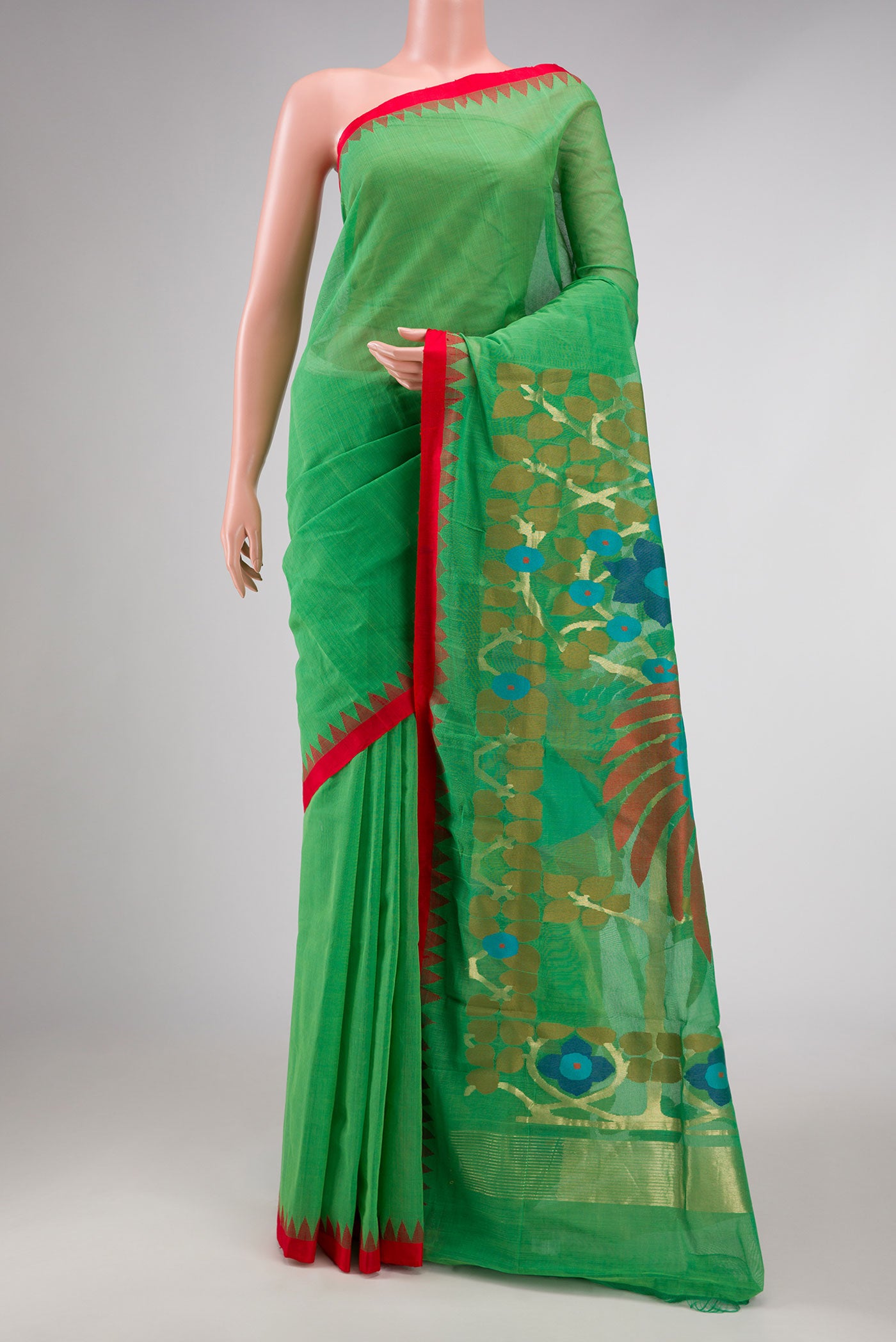 Green Dual Tone Uppada Cotton Saree with Plain Body and Plain Border displayed on a mannequin
