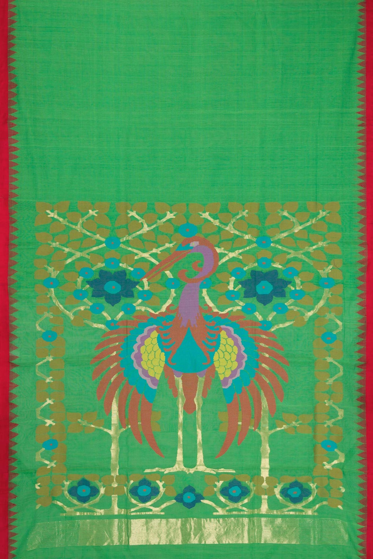 Flat view of Green Dual Tone Uppada Cotton Saree with Plain Body and Plain Border