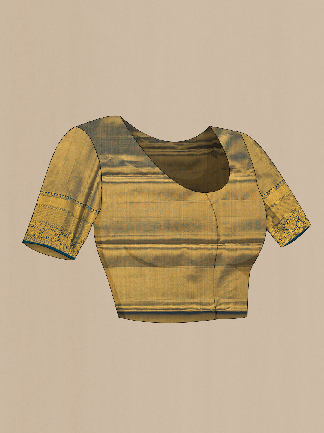 Close up image of the blouse of Mehandi Green Dual Tone Kanchipuram Tissue Silk Saree with Zari Brocade on the body and Zari Border. 