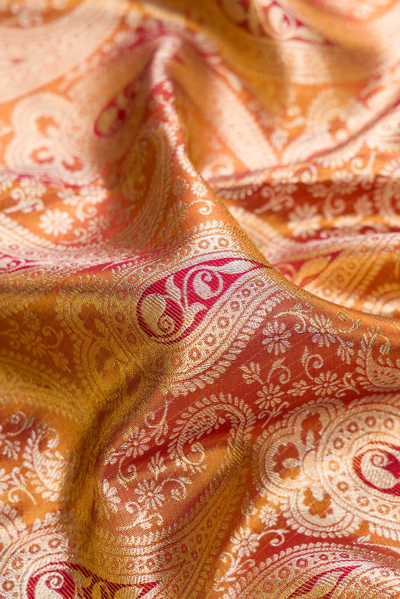 Close up of Gold Dual Tone Kanchipuram Tissue Silk Saree with Zari Brocade on the body and Zari Border.  displaying folds