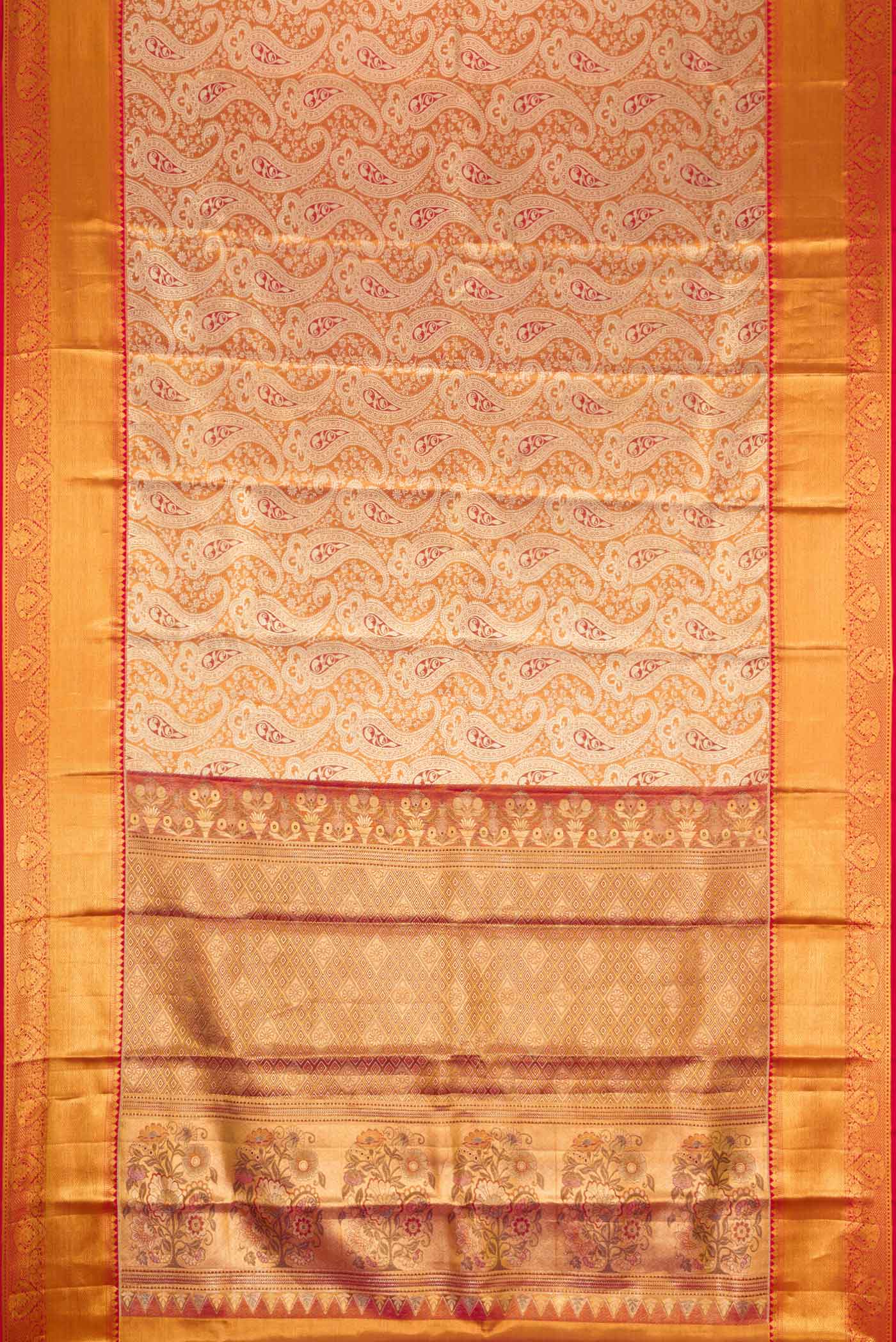 Flat view of Gold Dual Tone Kanchipuram Tissue Silk Saree with Zari Brocade on the body and Zari Border. 