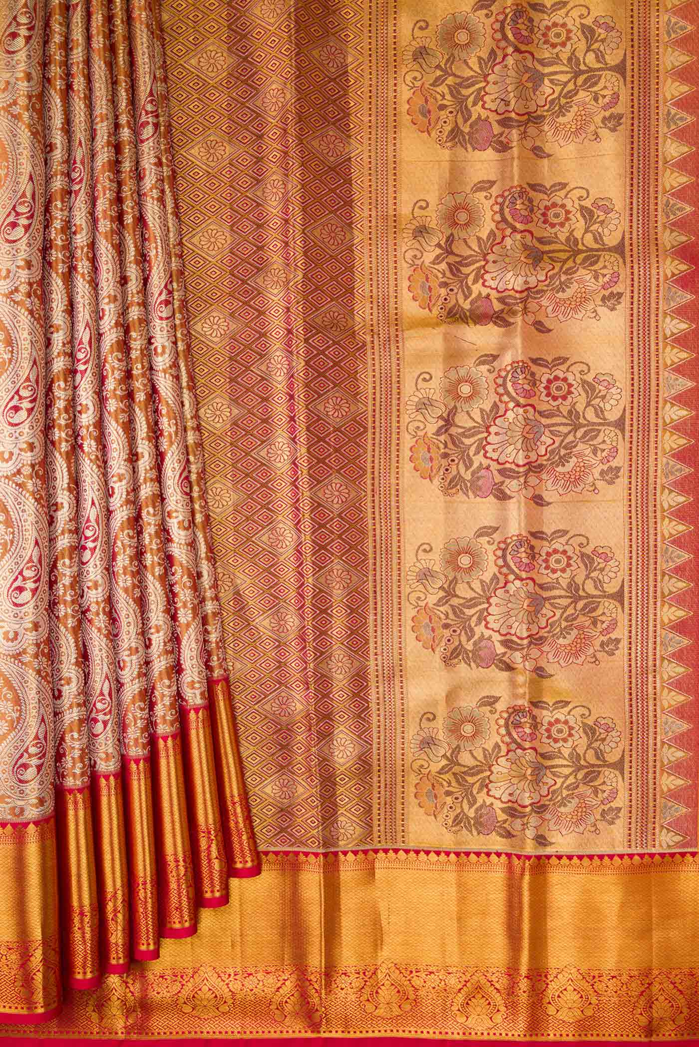 Pleats and pallu of Gold Dual Tone Kanchipuram Tissue Silk Saree with Zari Brocade on the body and Zari Border. 