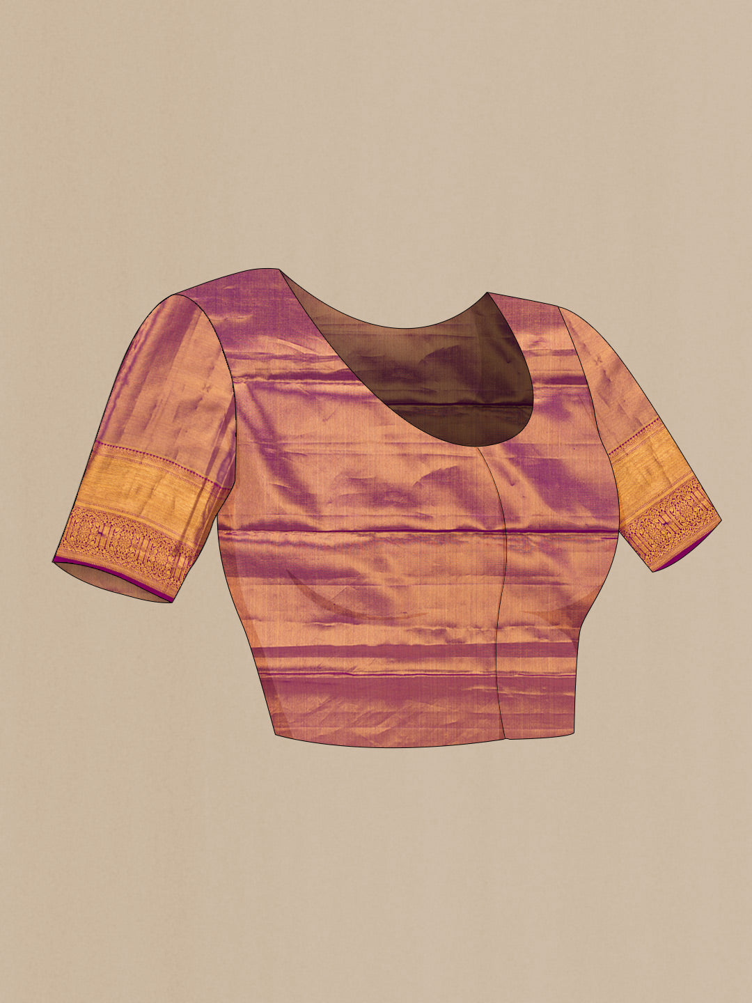 Close up image of the blouse of Gold Dual Tone Kanchipuram Tissue Silk Saree with Zari Brocade on the body and Zari Border. 