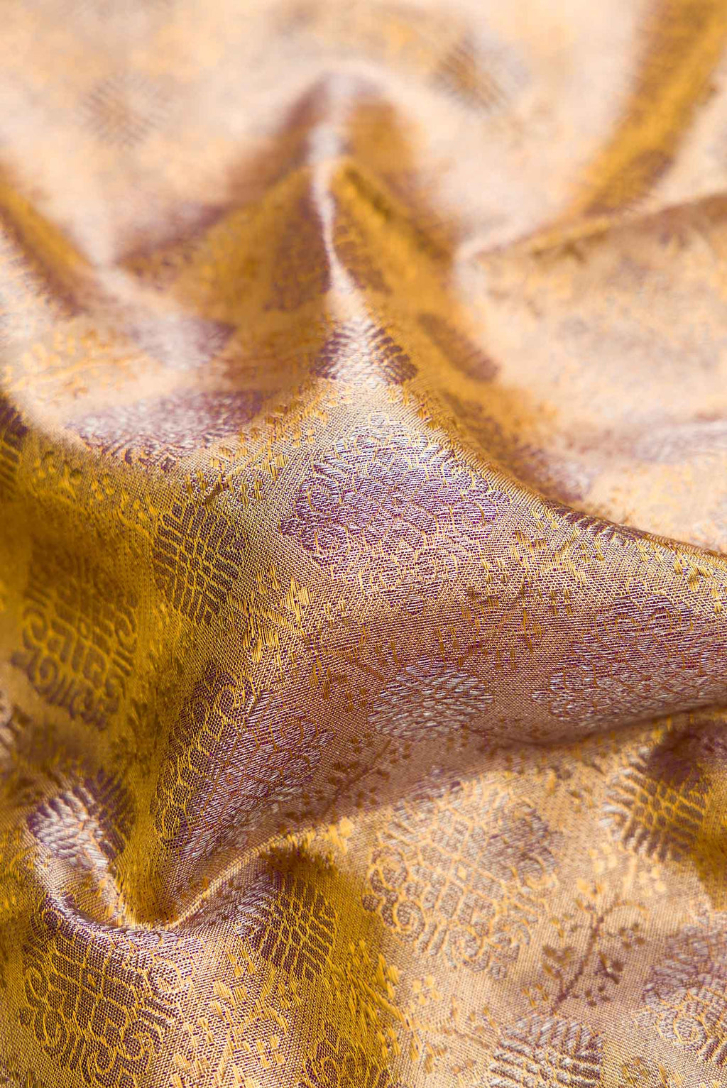 Close up of Gold Dual Tone Kanchipuram Tissue Silk Saree with Zari Brocade on the body and Zari Border.  displaying folds