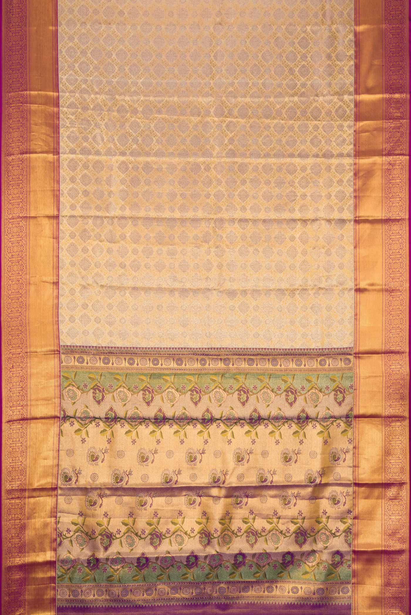 Flat view of Gold Dual Tone Kanchipuram Tissue Silk Saree with Zari Brocade on the body and Zari Border. 