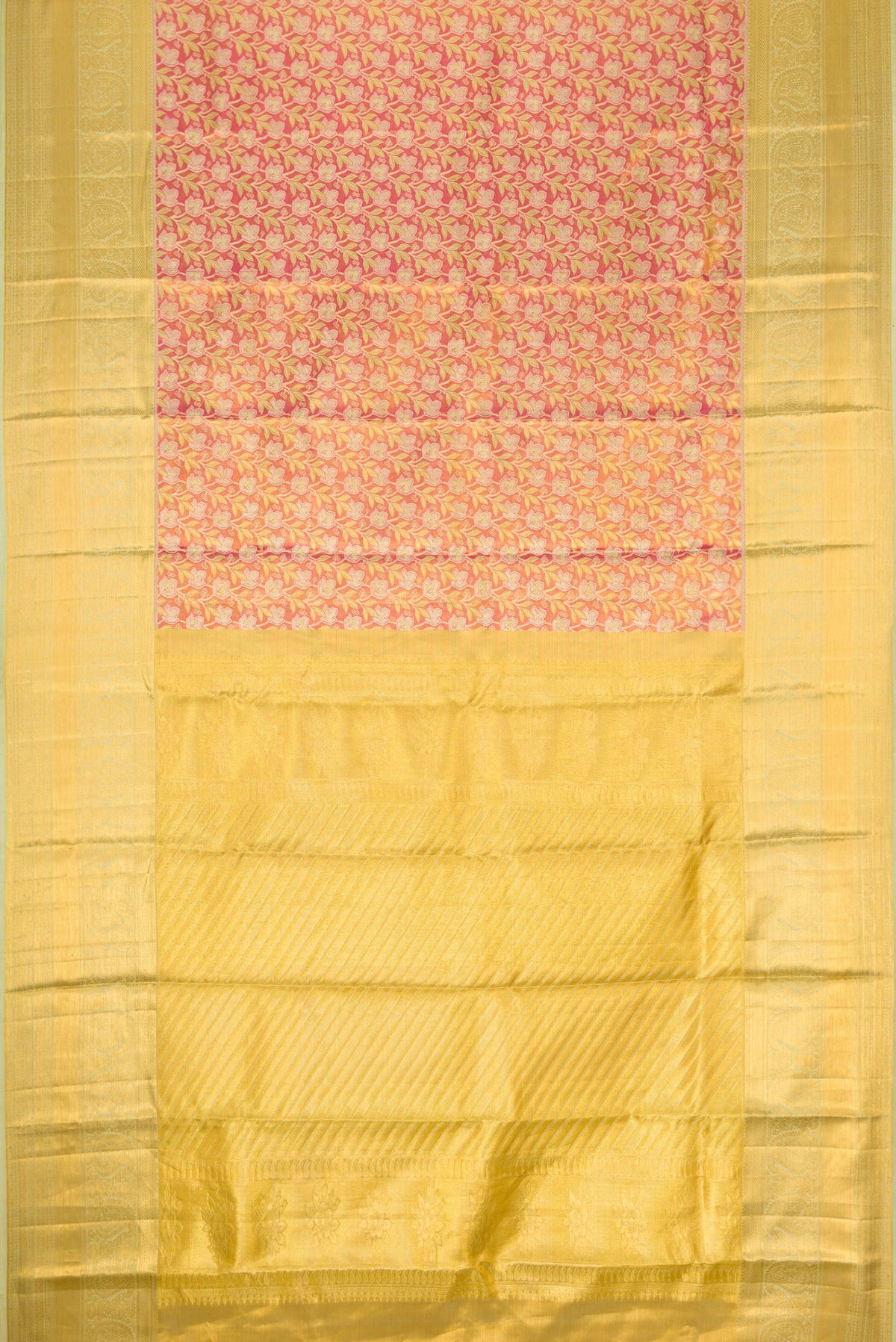 Flat view of Pink Dual Tone Kanchipuram Tissue Silk Saree with Zari Brocade on the body and Zari Border. 