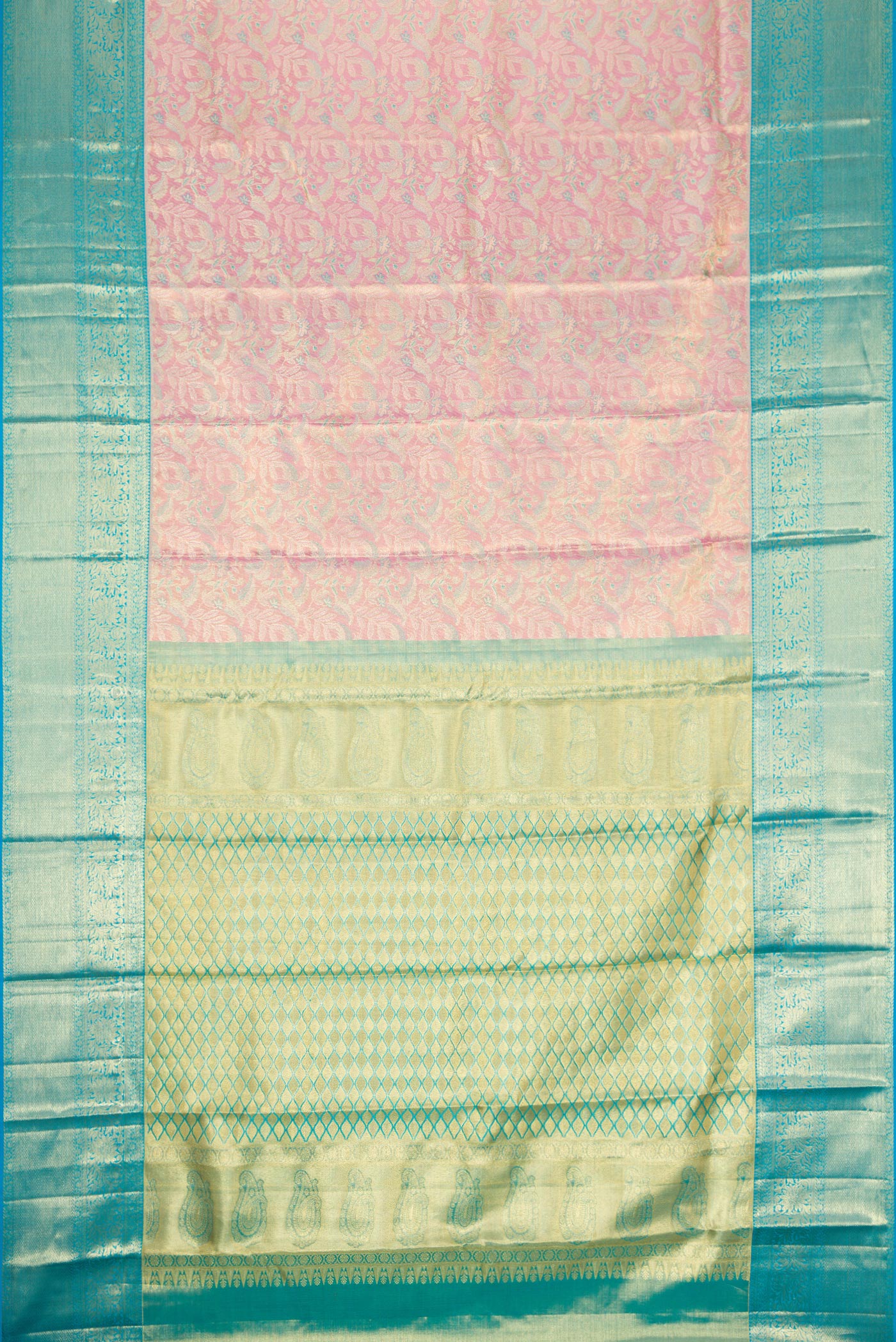 Flat view of Pink Dual Tone Kanchipuram Tissue Silk Saree with Zari Brocade on the body and Zari Border. 