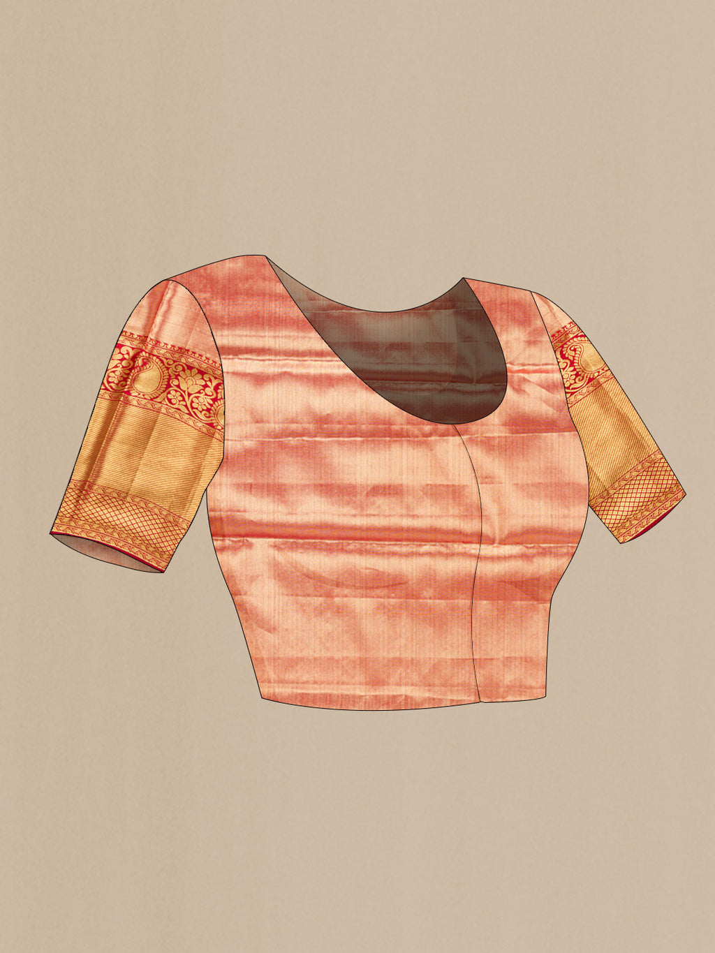 Close up image of the blouse of Maroon Dual Tone Kanjivaram Tissue Silk Saree with Zari Brocade on the body and Zari Border. 