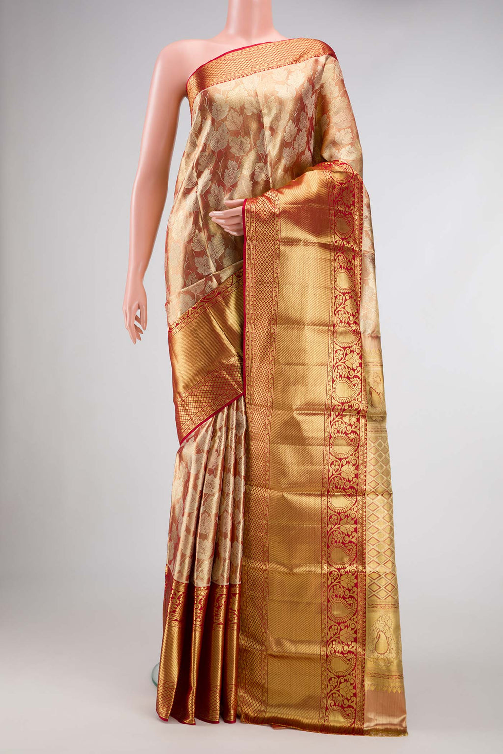 Maroon Dual Tone Kanjivaram Tissue Silk Saree with Zari Brocade on the body and Zari Border.  displayed on a mannequin
