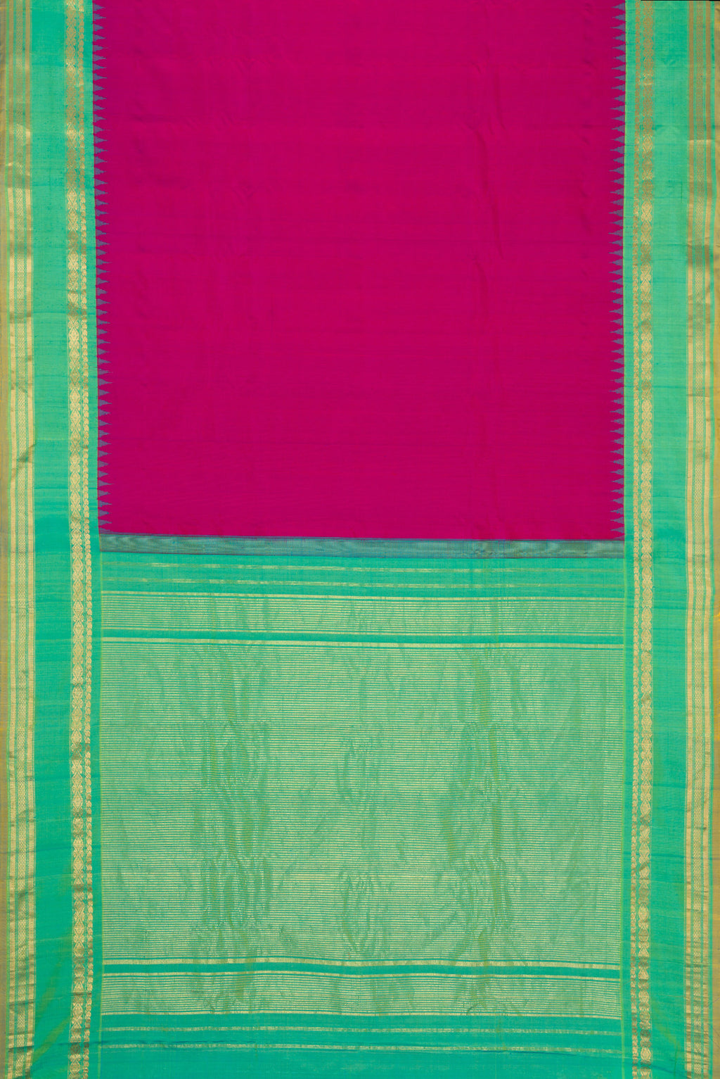 Flat view of Pink Dual Tone Gadwal Silk Saree with Plain Body and Zari Border. 